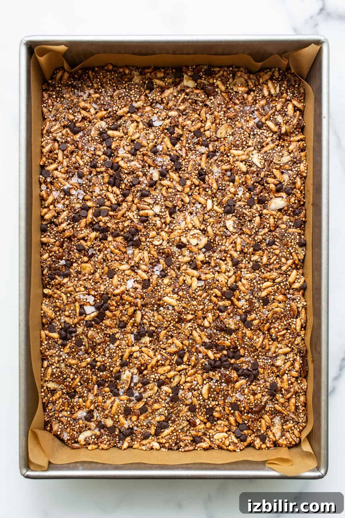 Nut and coconut bars in a pan.
