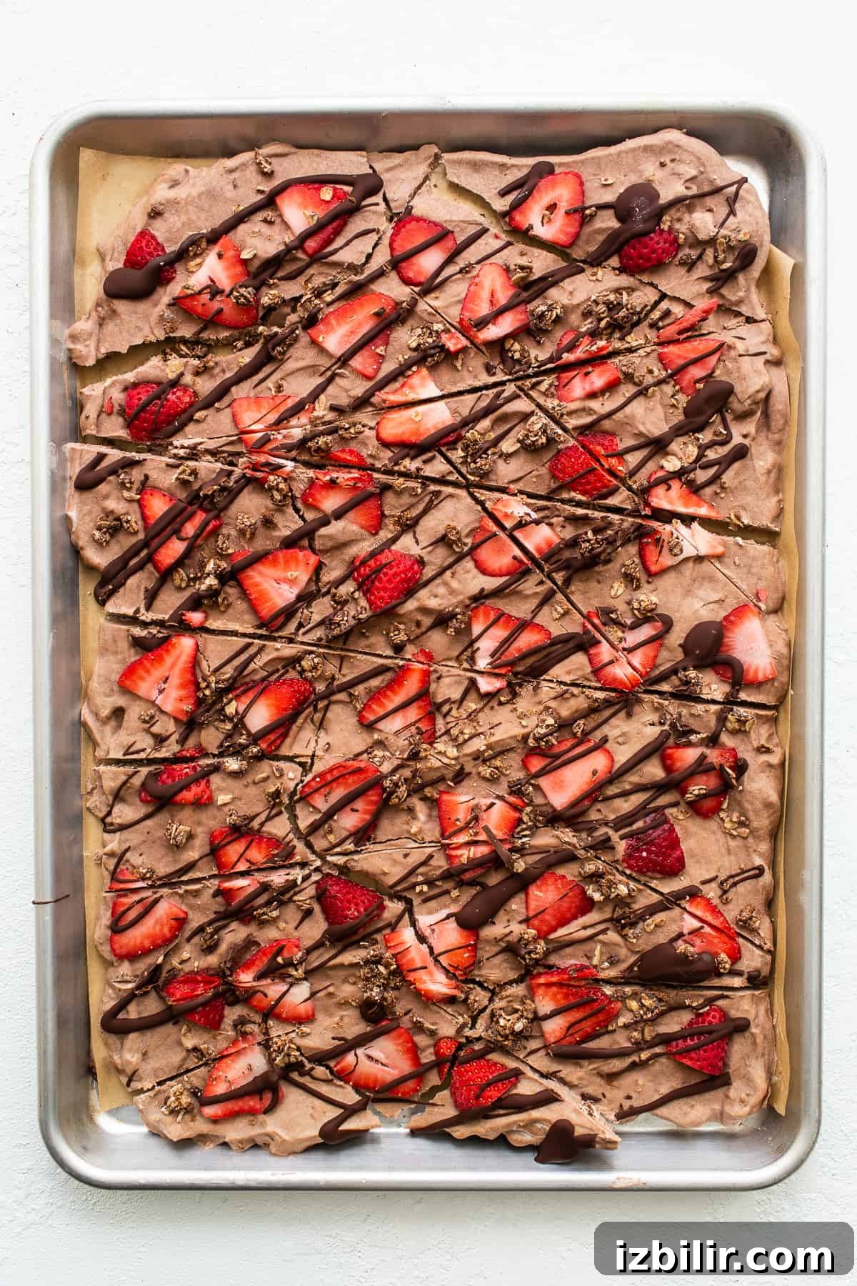 Chocolate Drizzle on Frozen Yogurt Bark Frozen yogurt bark topped with strawberries and drizzled with chocolate.