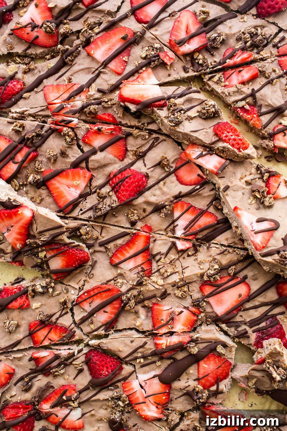 Frozen Yogurt Bark Pieces Frozen yogurt bark cut into chunks.