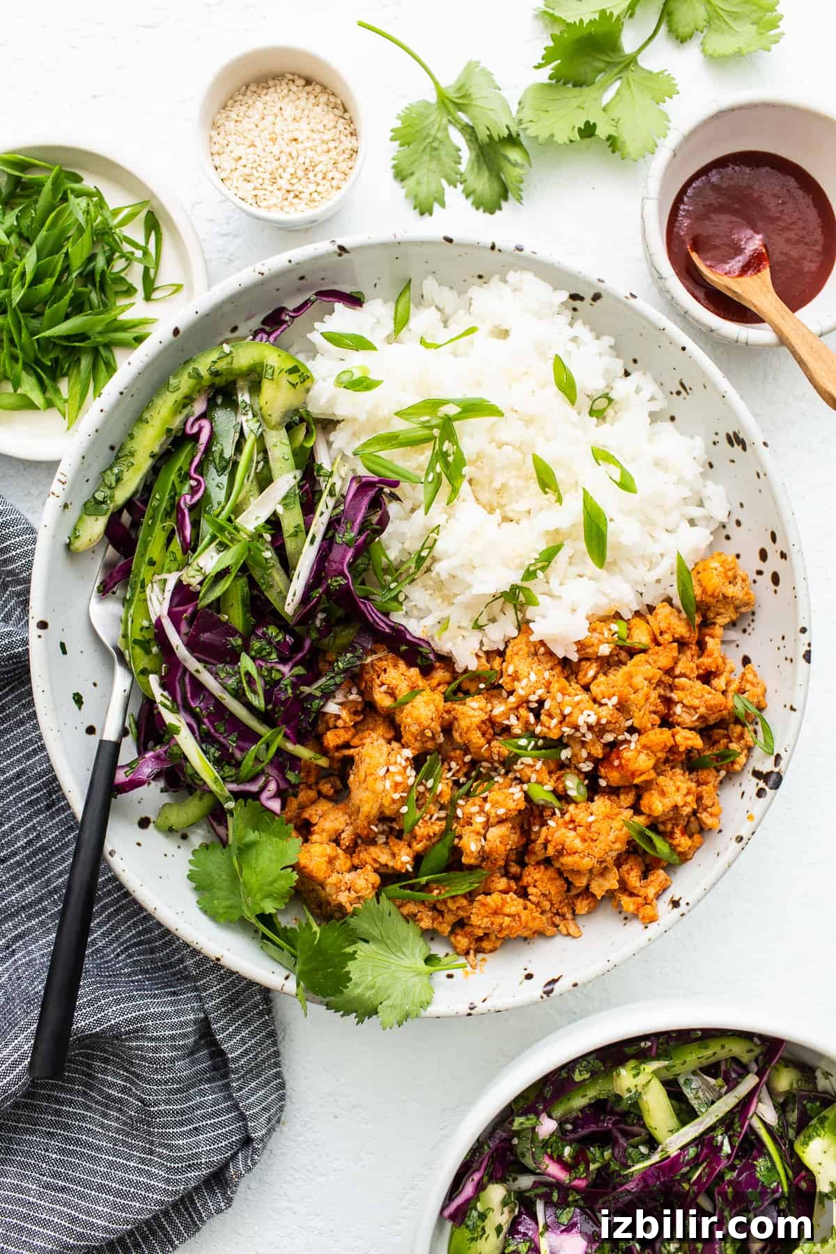 Spicy Gochujang Ground Chicken Bowl Recipe 2 Ground chicken bowls topped with green onions.