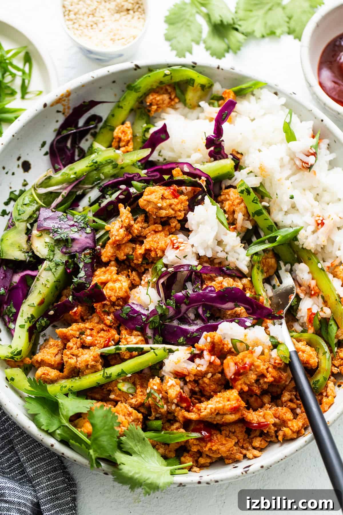 Spicy Gochujang Ground Chicken Bowl Recipe 7 Ground chicken bowls with cilantro.