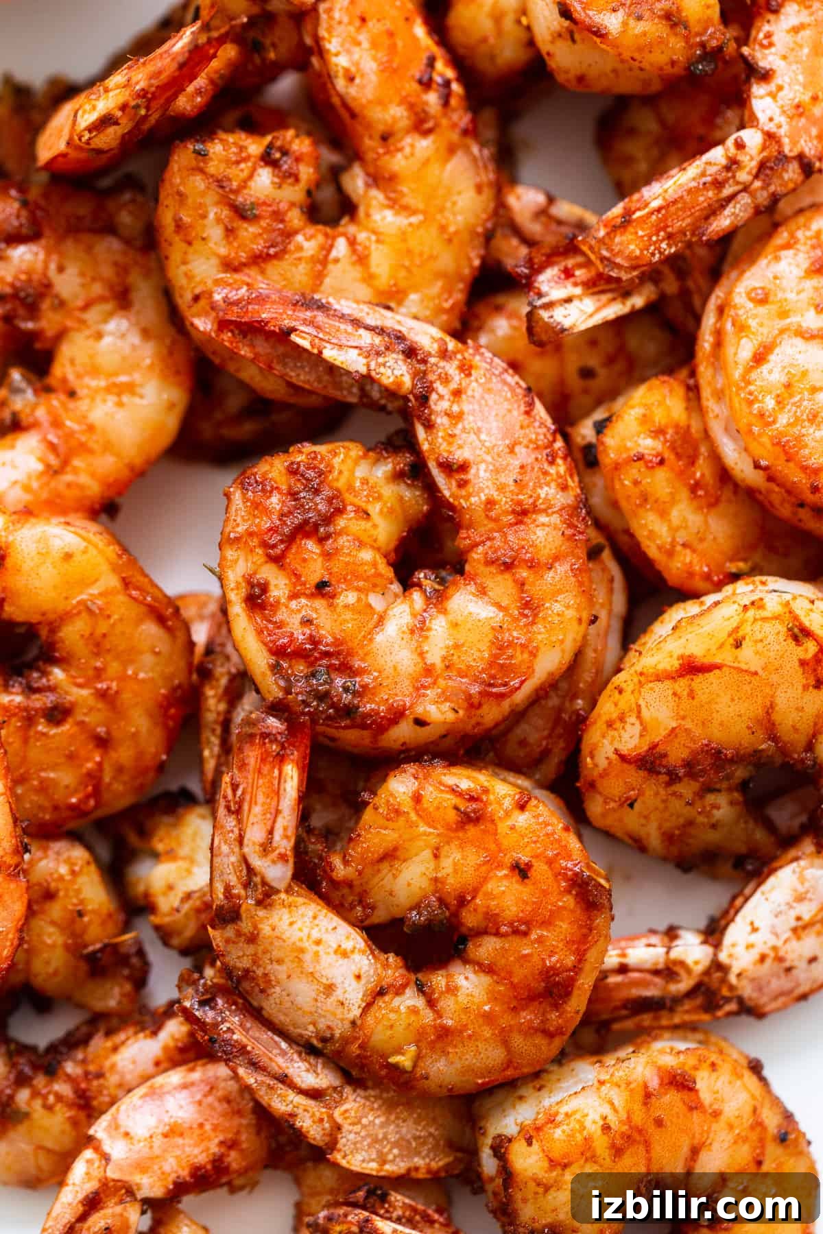 Stacked broiled shrimp.