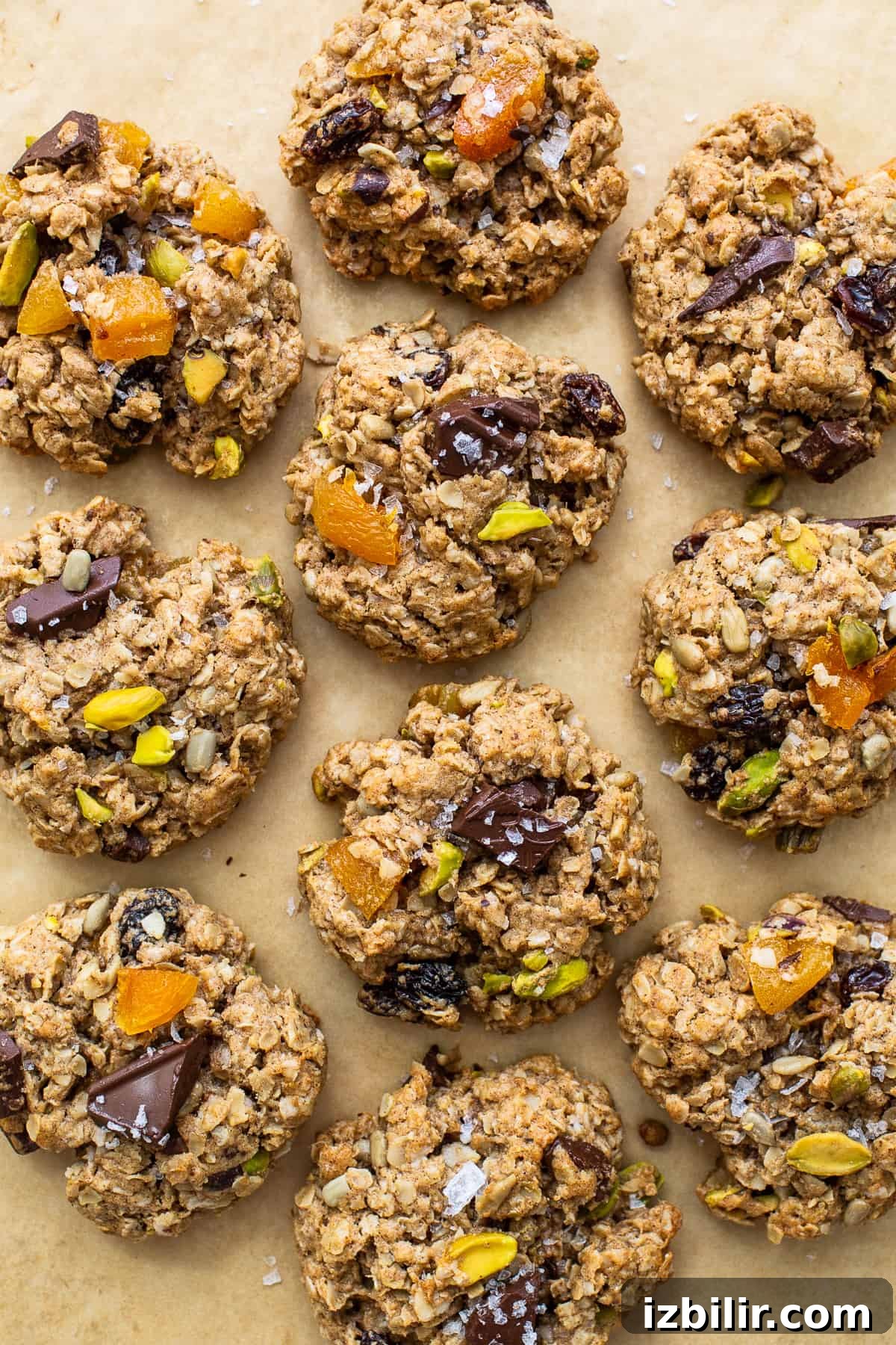 Trail mix cookies on a baking sheet.