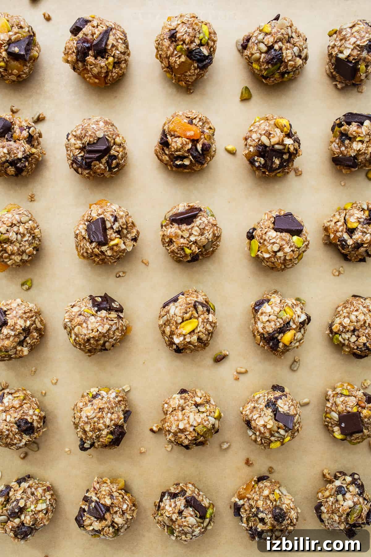 Trail mix cookie dough balls on a baking sheet.