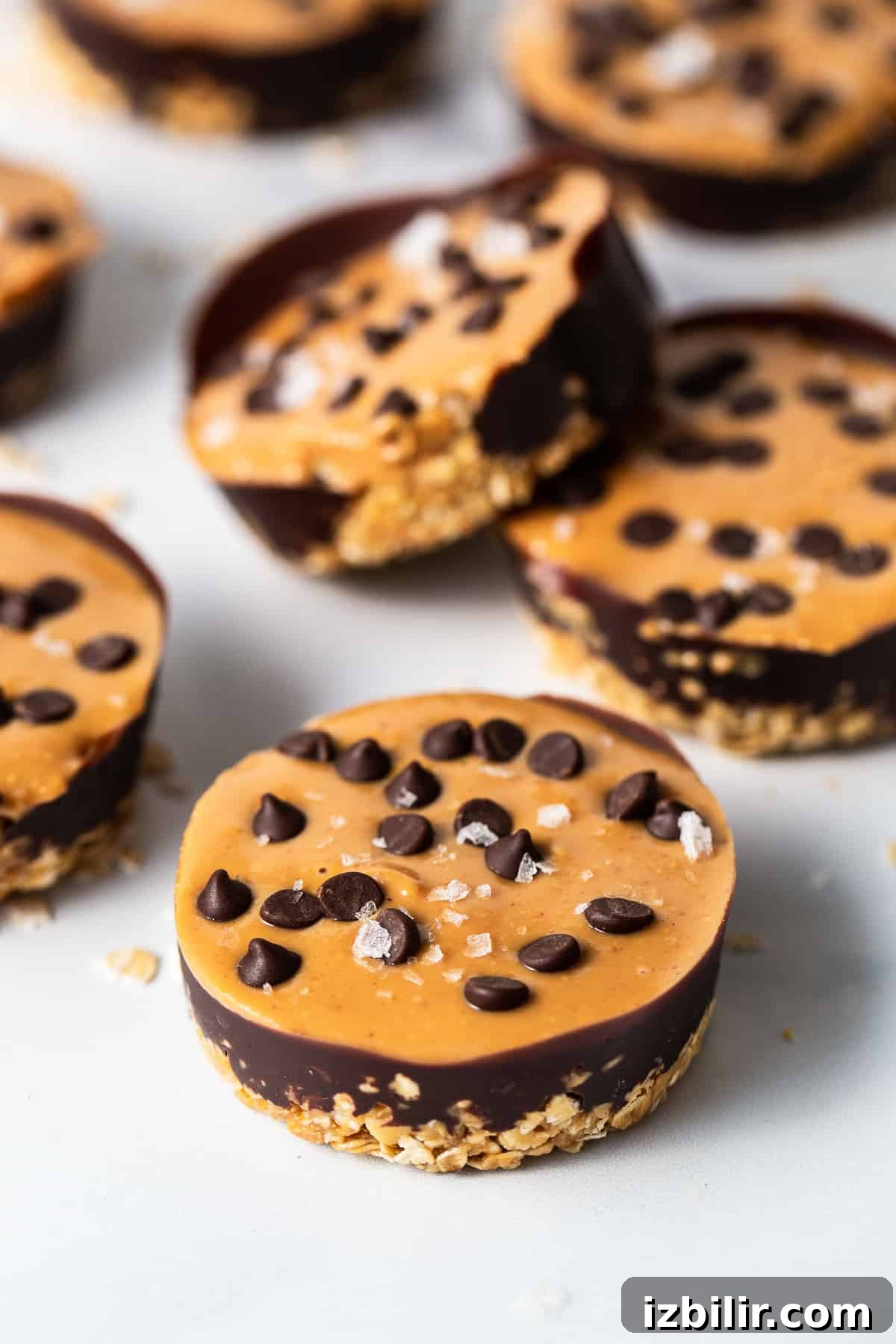 chocolate peanut butter oat cups on counter.