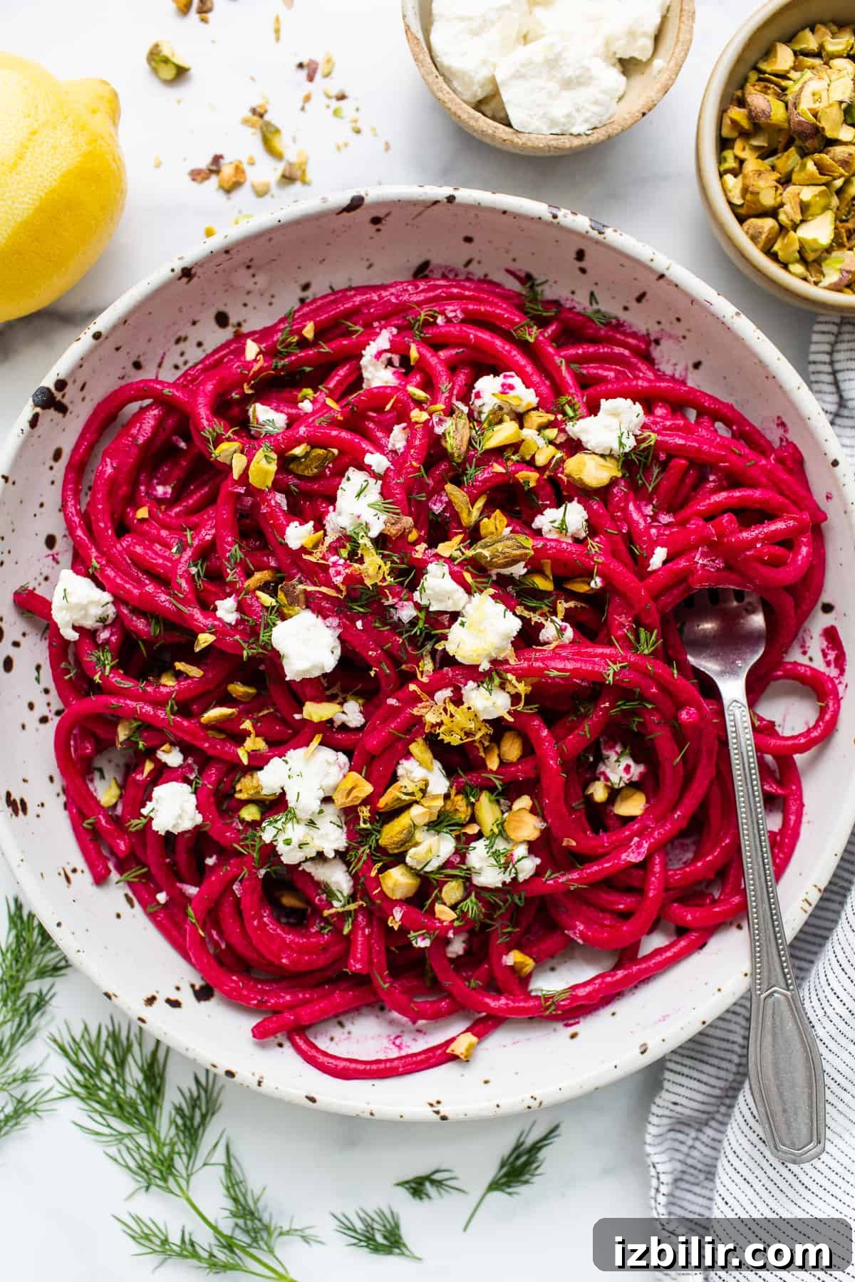 Roasted beet pasta in a bowl.