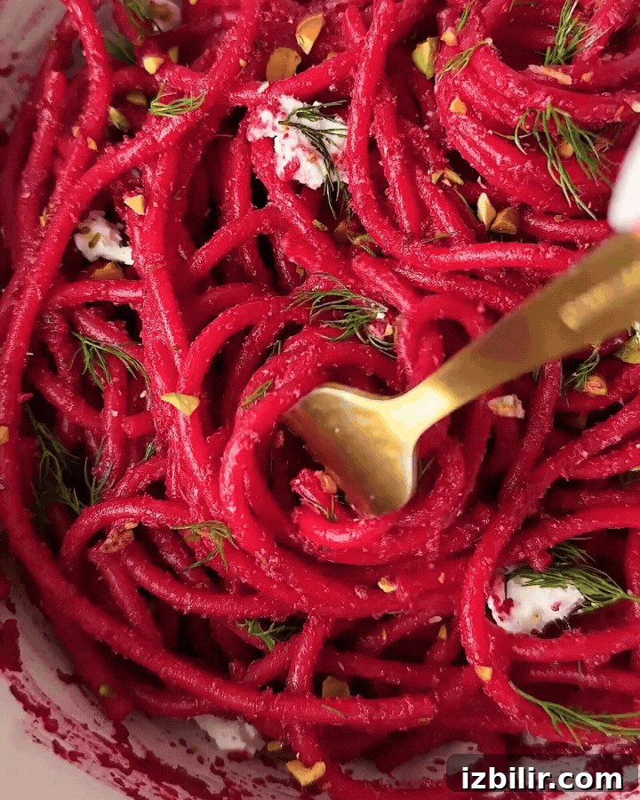 Roasted beet pasta close up.