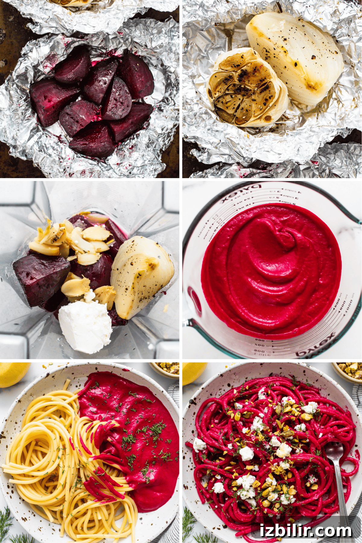 A collage featuring roasted beet pasta with onions, blended beet sauce, and spaghetti tossed in the vibrant mixture, garnished with cheese and herbs.