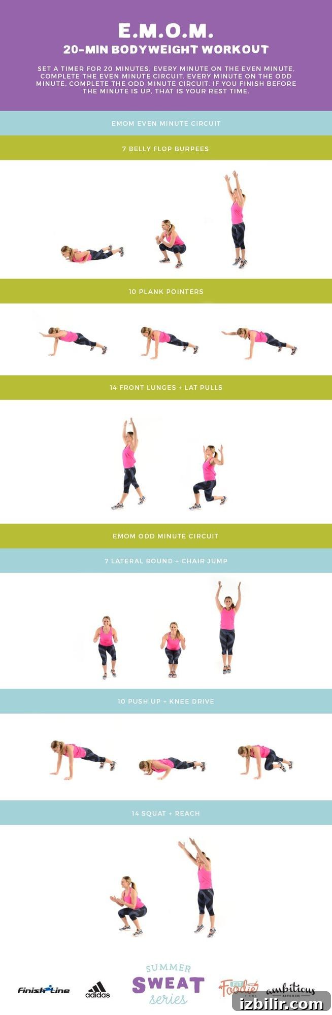This EMOM (Every Minute On the Minute) 20-Minute Workout requires only your bodyweight and will get your heart pounding!