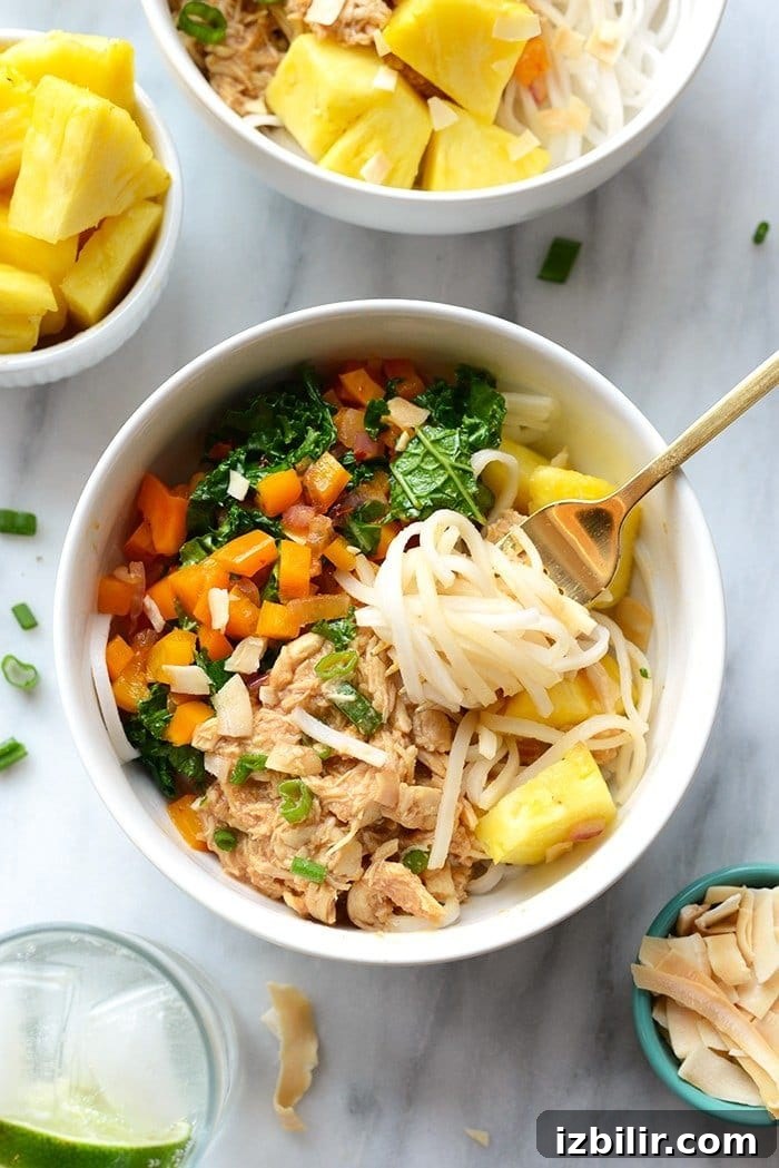 Hawaiian Chicken Noodle Bowls with Pineapple and Teriyaki 4 Hawaiian chicken noodle bowls ready for meal prep