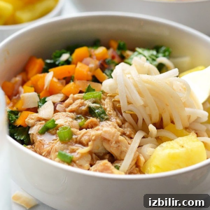 Hawaiian Chicken Noodle Bowls with Pineapple and Teriyaki 5 Bowl of Hawaiian chicken with rice noodles, veggies and pineapple
