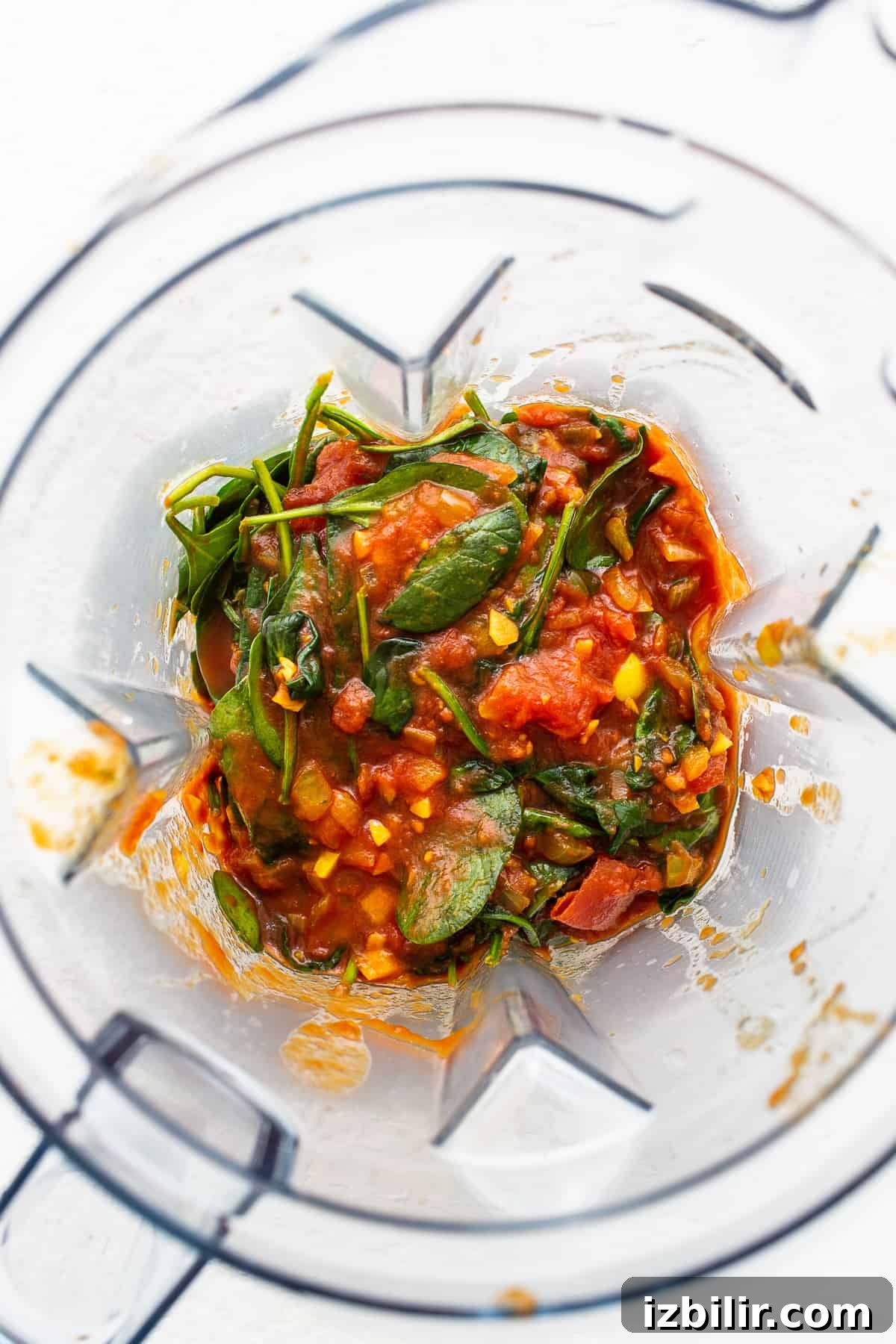 Spinach and tomato sauce in a blender.
