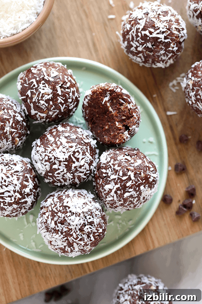 Coconut chocolate energy balls Energy balls on a plate