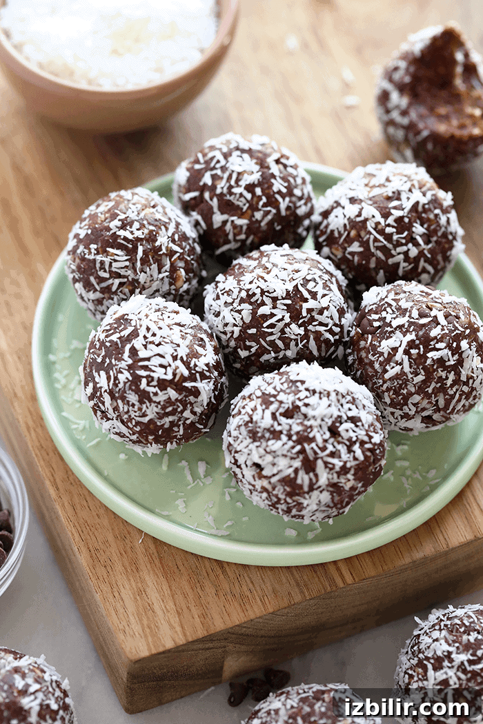 No-bake coconut chocolate energy balls Healthy no-bake balls on a plate