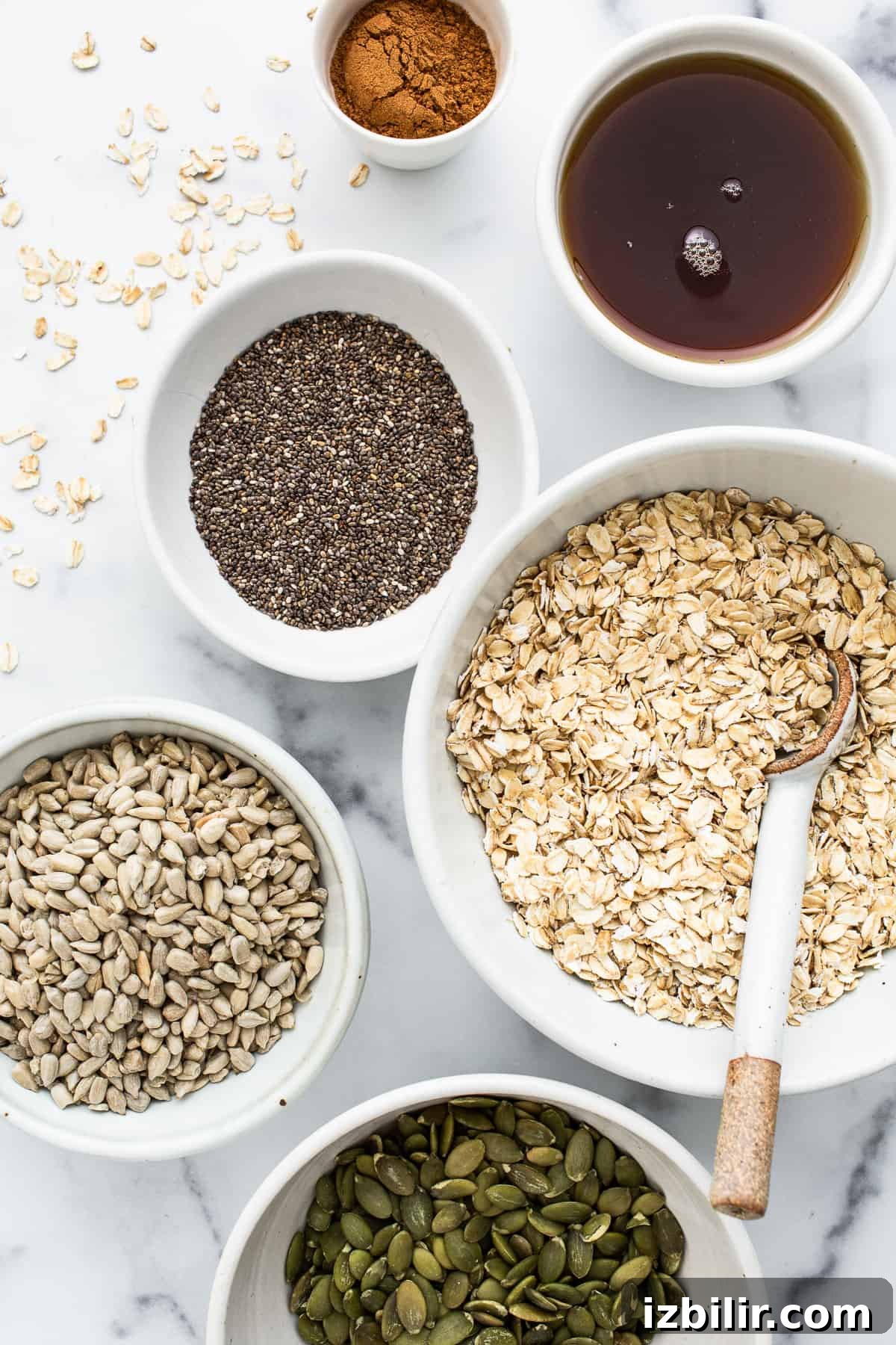 Ingredients for porridge in small bowls.