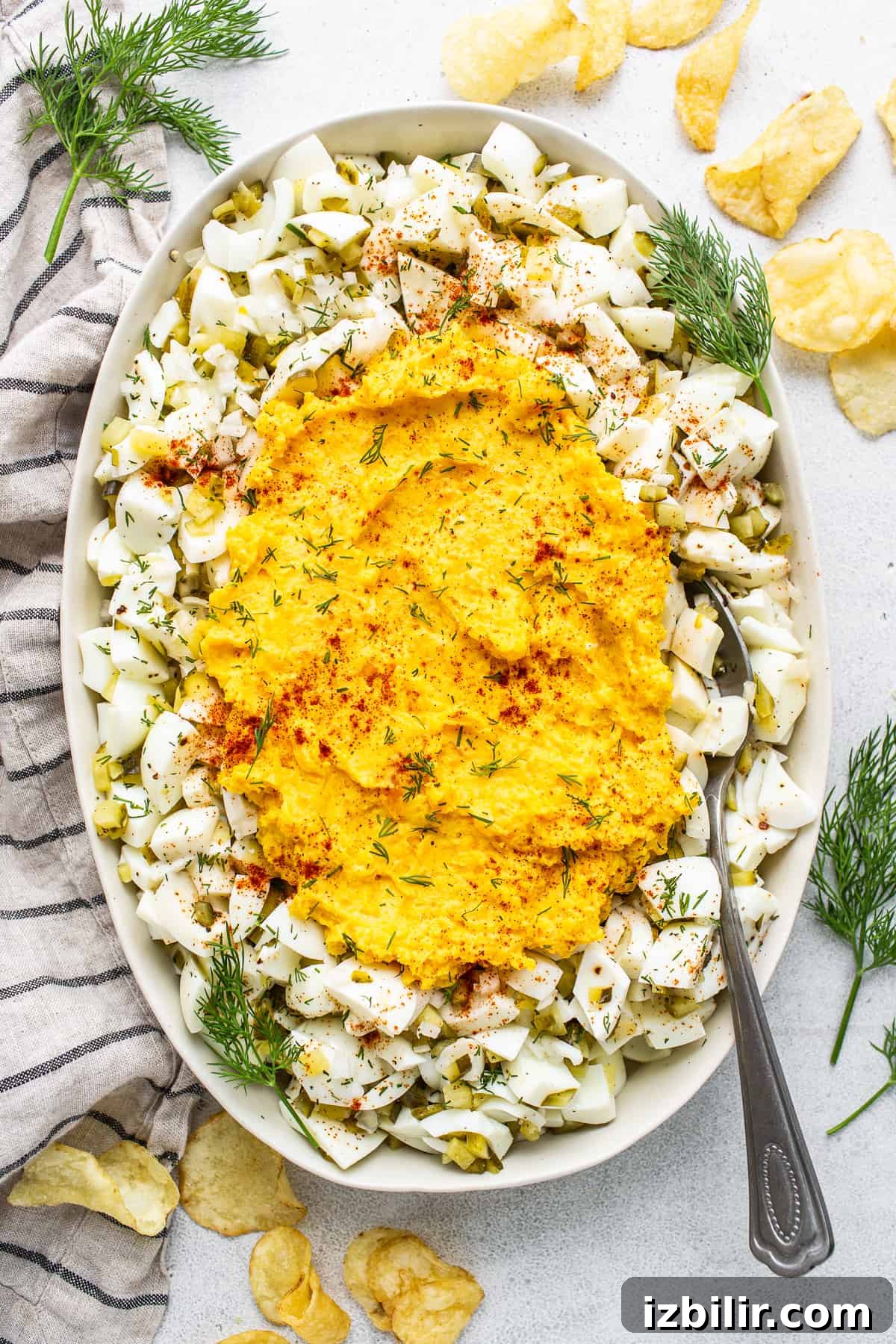 Deviled egg salad in a serving bowl.
