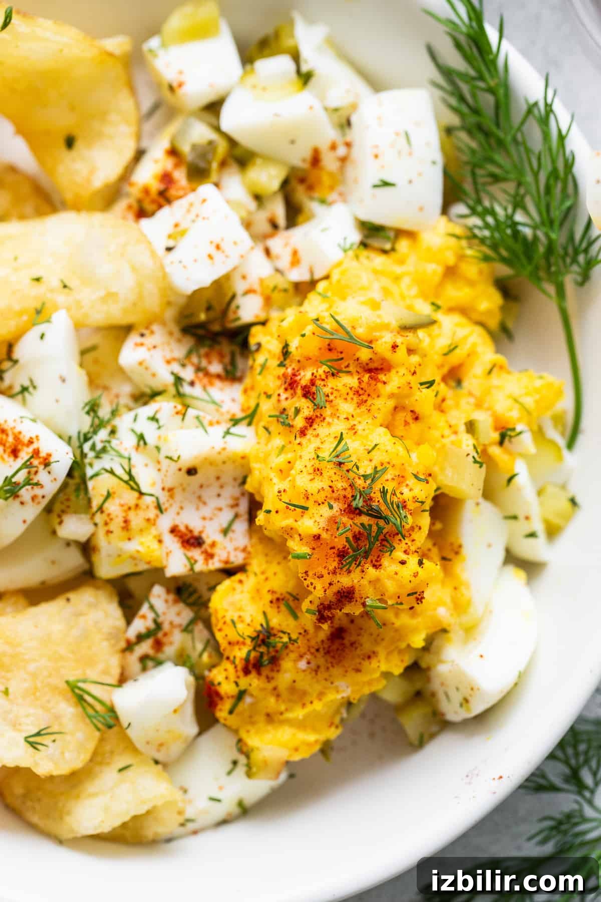 Deviled egg salad topped with fresh dill.