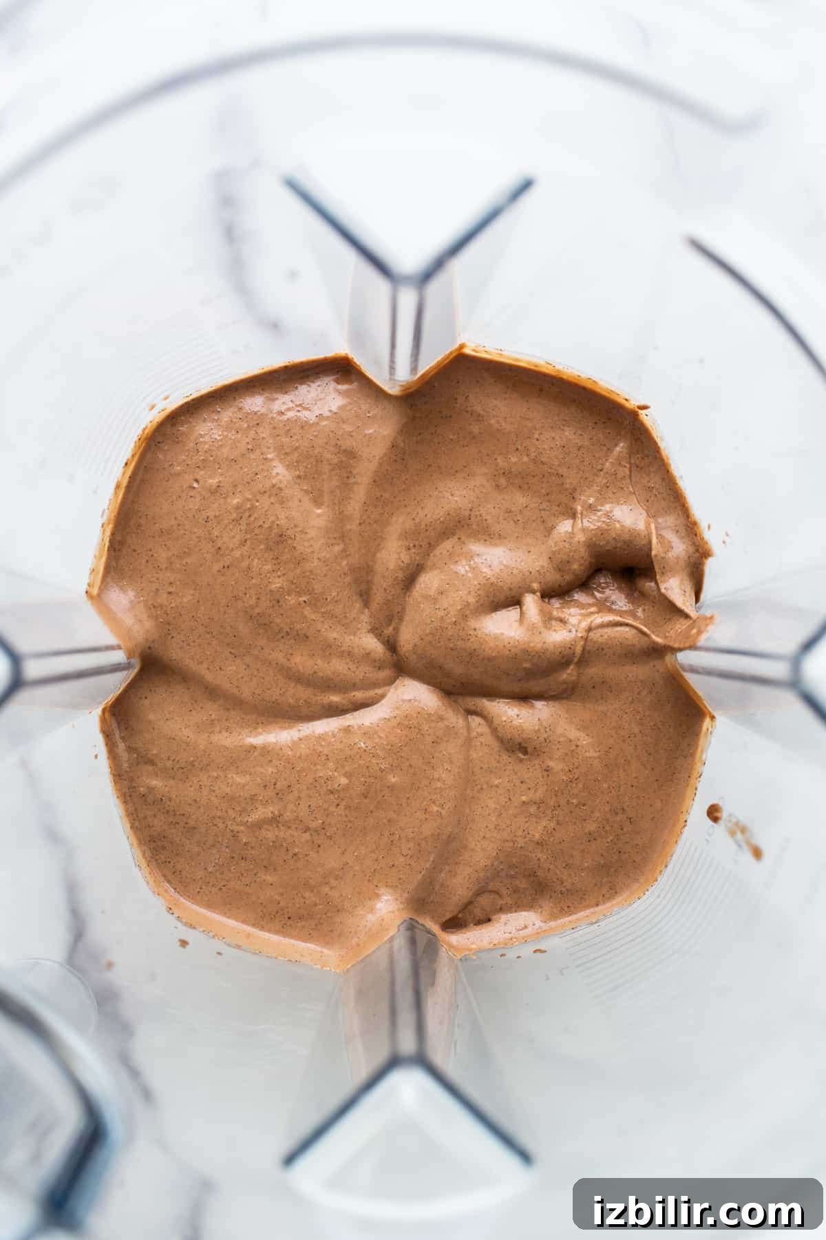Blended chia seed pudding in a blender.