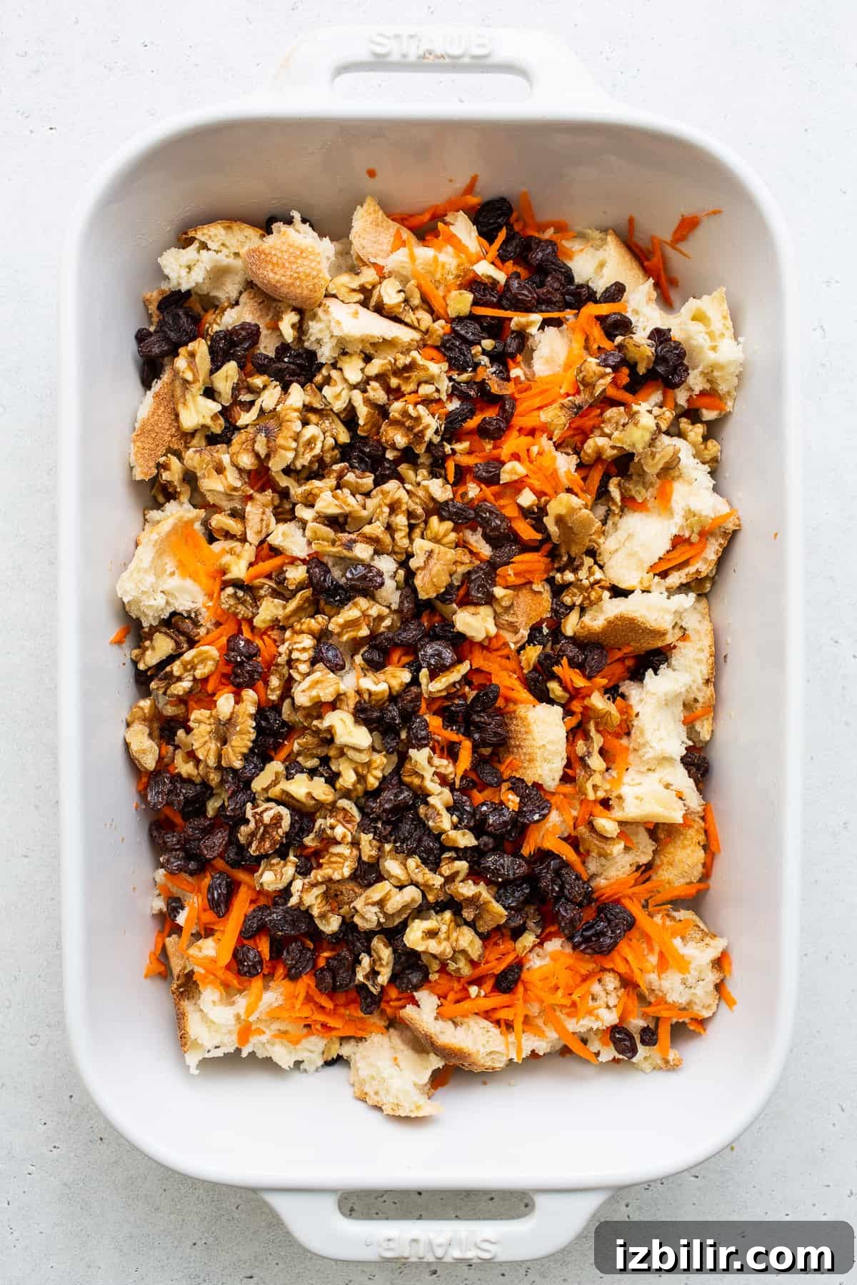 Carrot cake french toast casserole in a casserole dish.