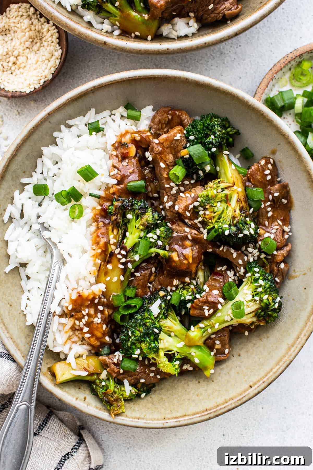 beef and broccoli stir fry in bowl.