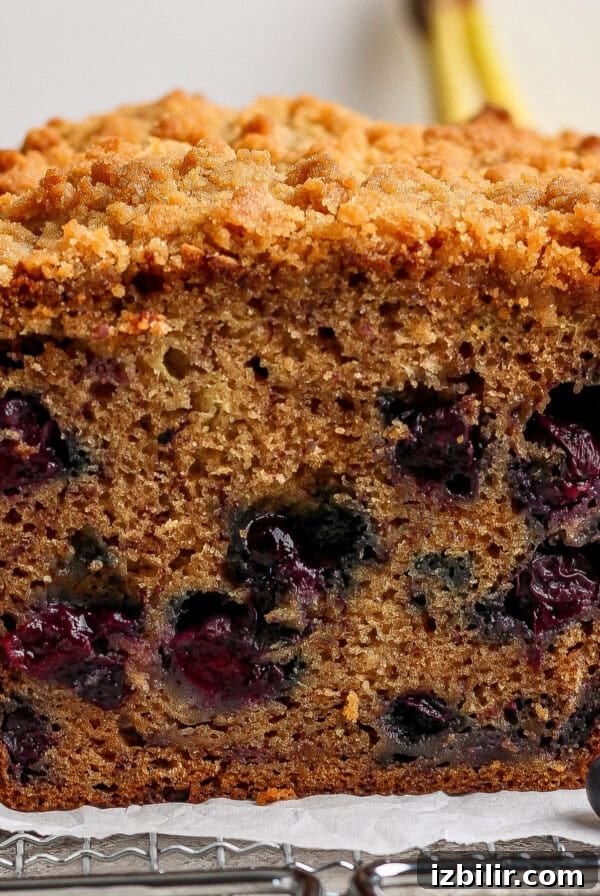 Mini Lemon Cheesecake Bites Recipe 6 Close-up of a sliced loaf of blueberry banana bread with a crumbly topping, showing visible blueberries inside the moist bread.