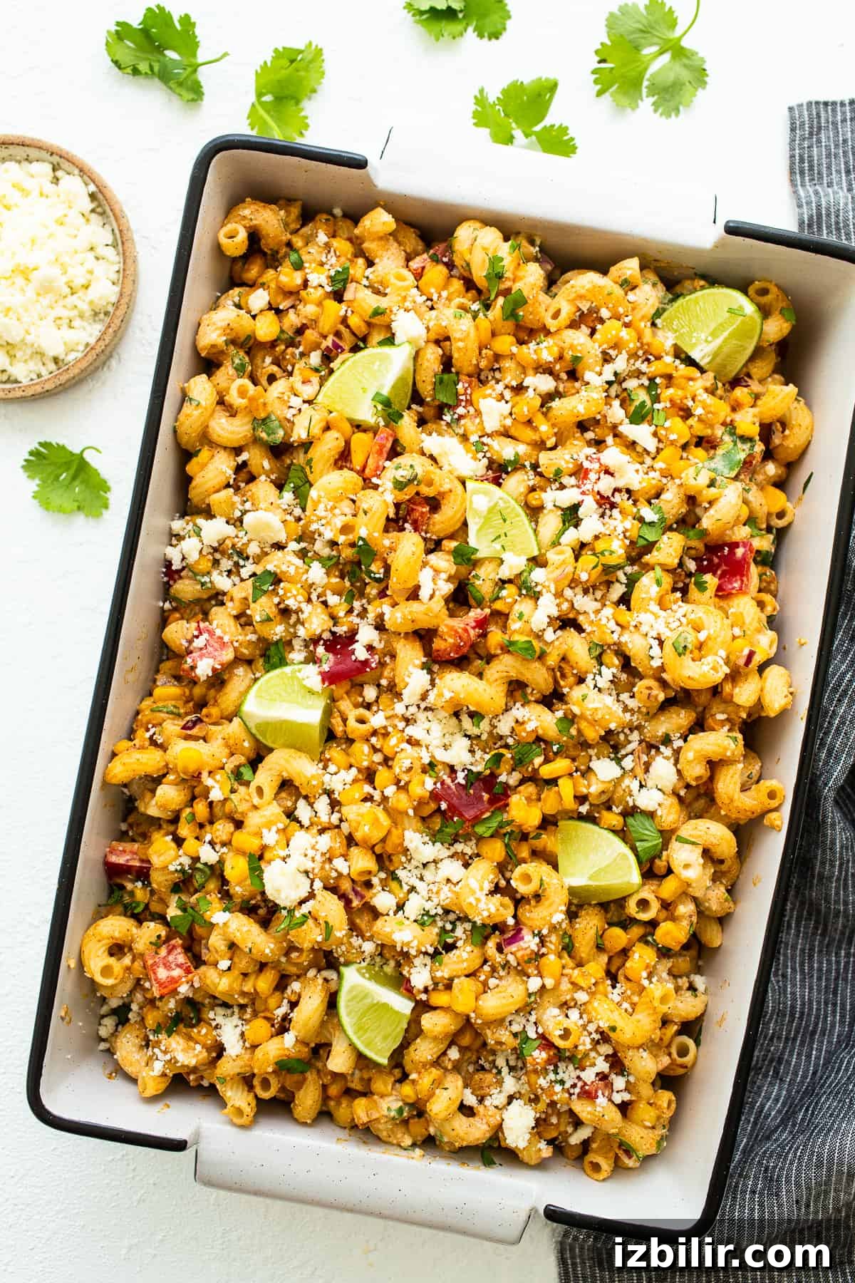 Street corn pasta salad in a container