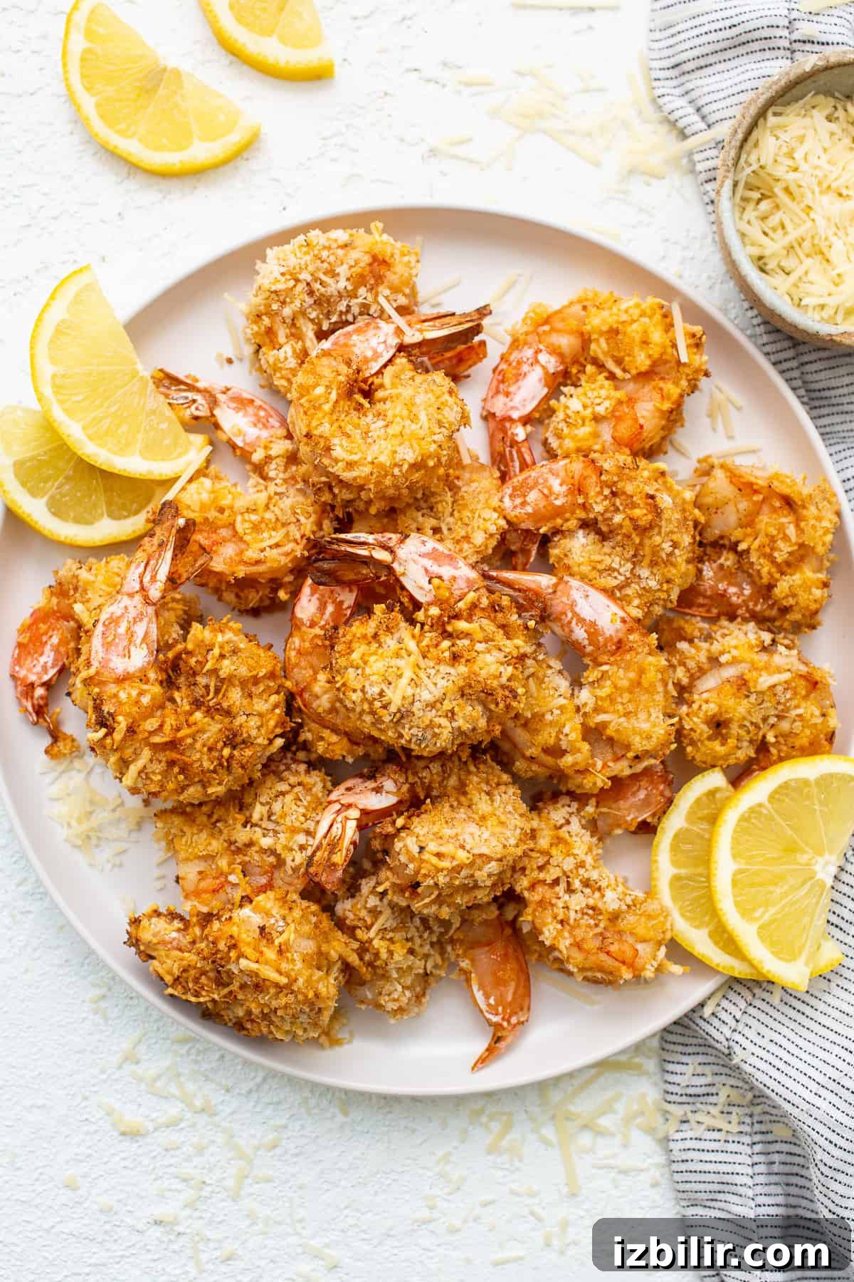 Air fryer shrimp on a plate with lemon slices.