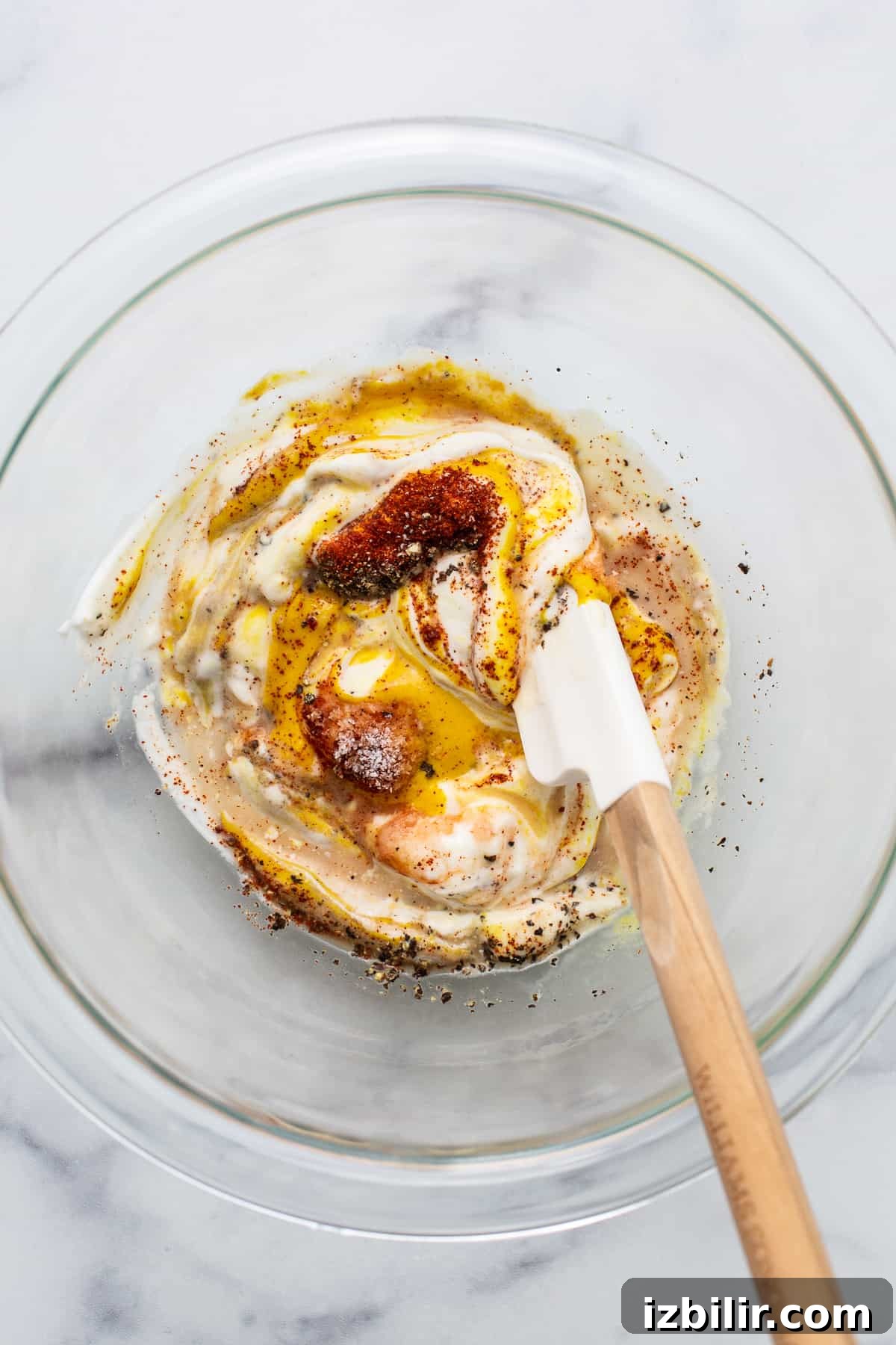 Dressing for egg salad sauce in bowl.