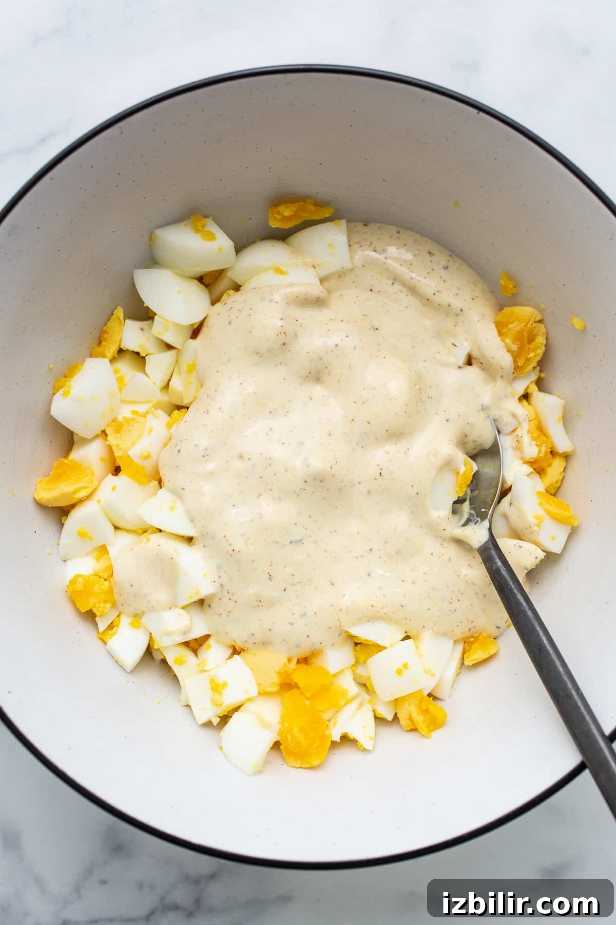 Egg salad ready to serve egg salad in bowl.