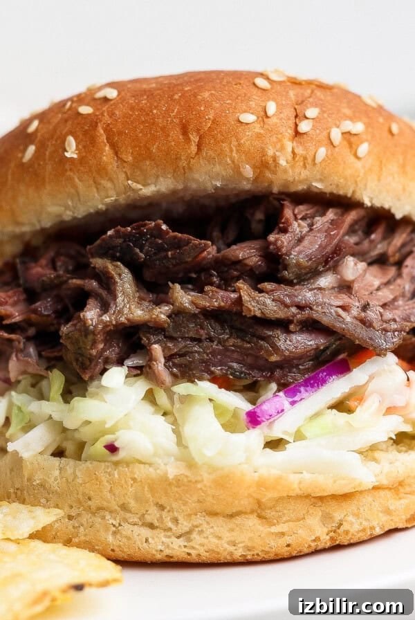 Shredded beef sandwich with coleslaw.