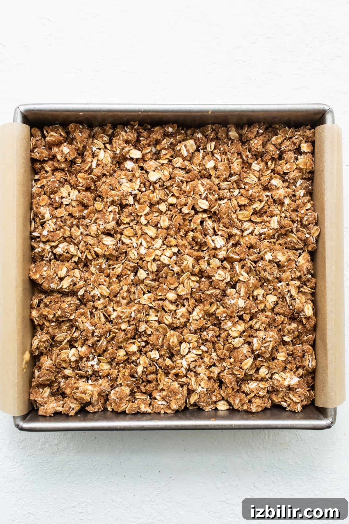Crumble topping in the pan.