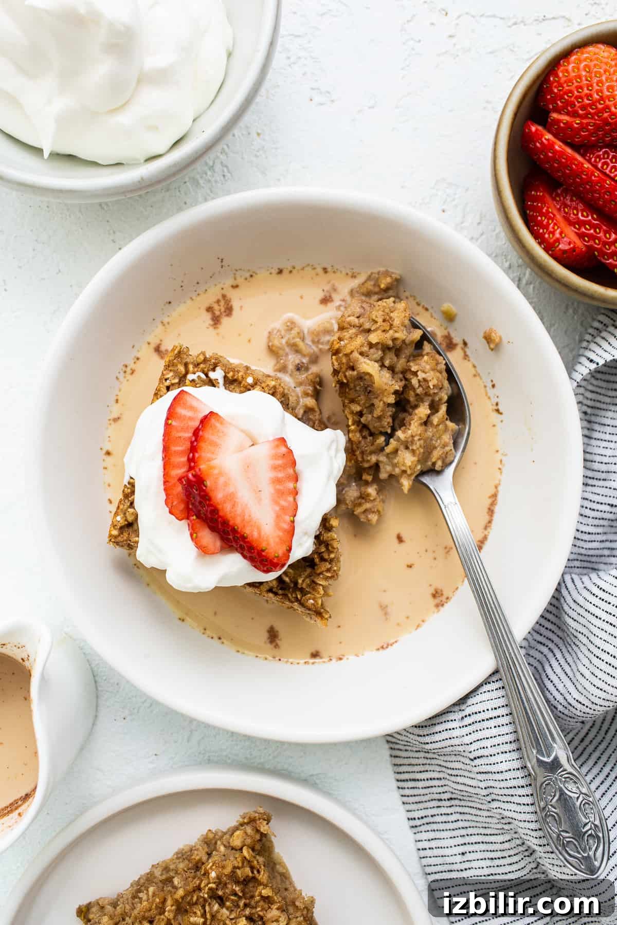 Tres Leches Baked Oatmeal in a Bowl Tres leches baked oatmeal in a bowl.