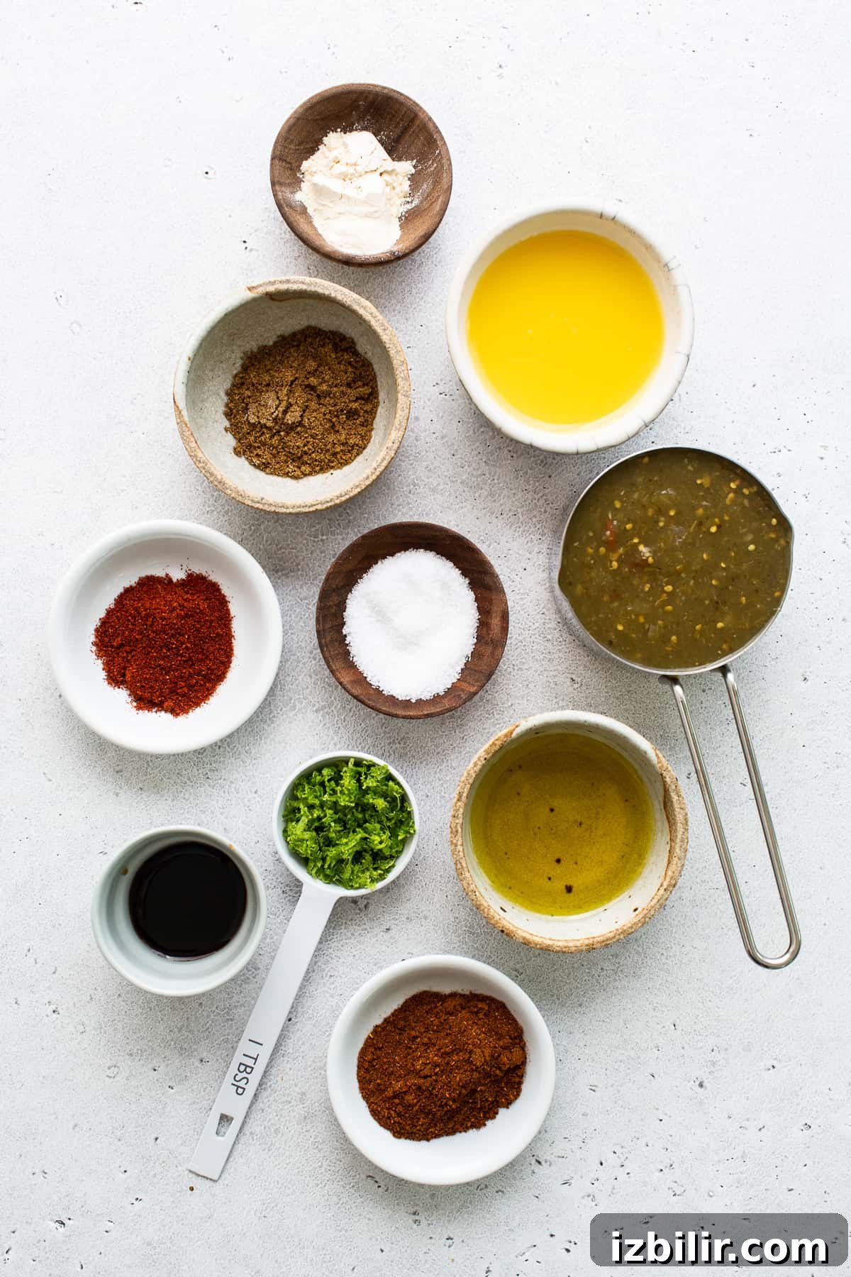 Ingredients for steak fajita marinade in bowls. Ingredients for steak fajita marinade in bowls.