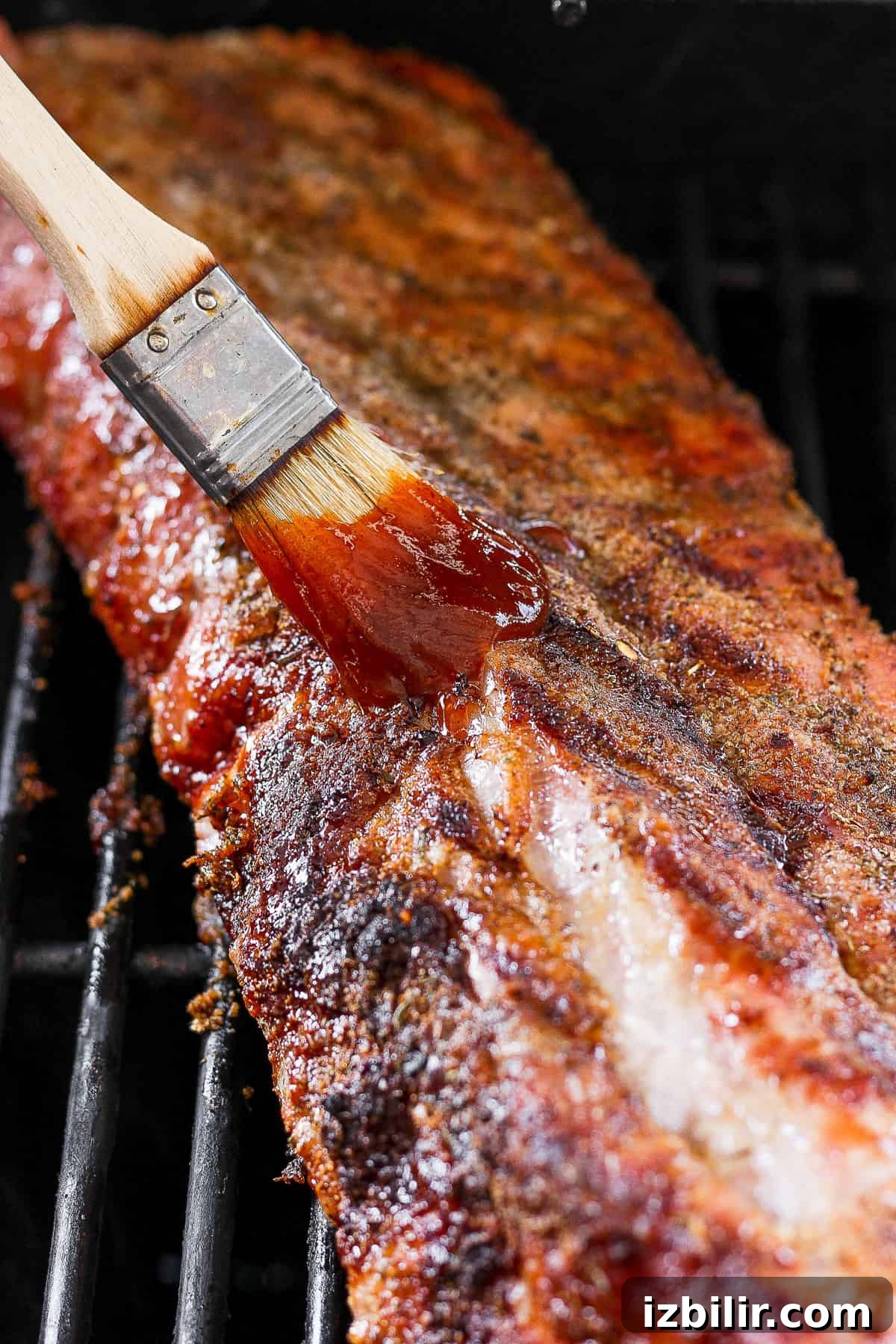 Ribs brushed with BBQ sauce Rack of ribs brushed with BBQ sauce.