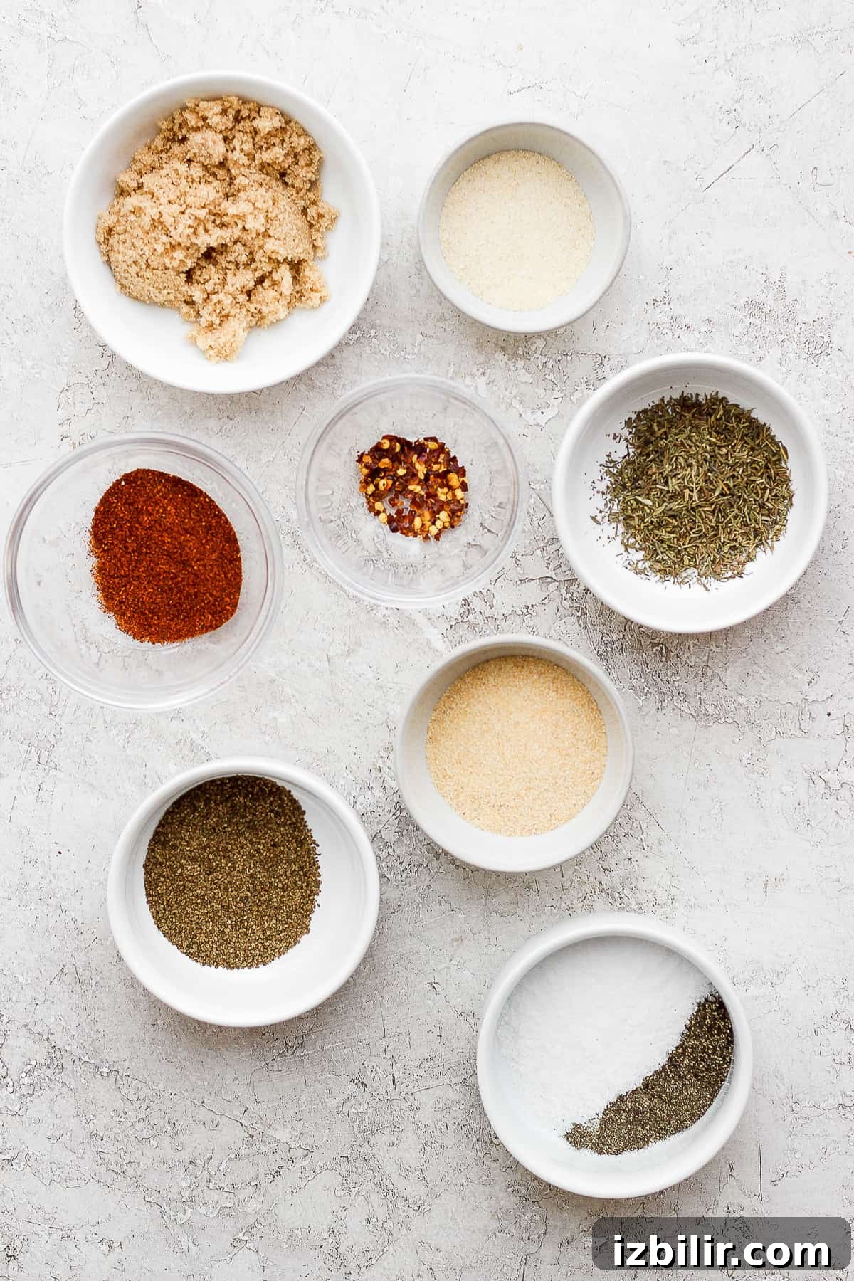 Rib rub ingredients in bowls.