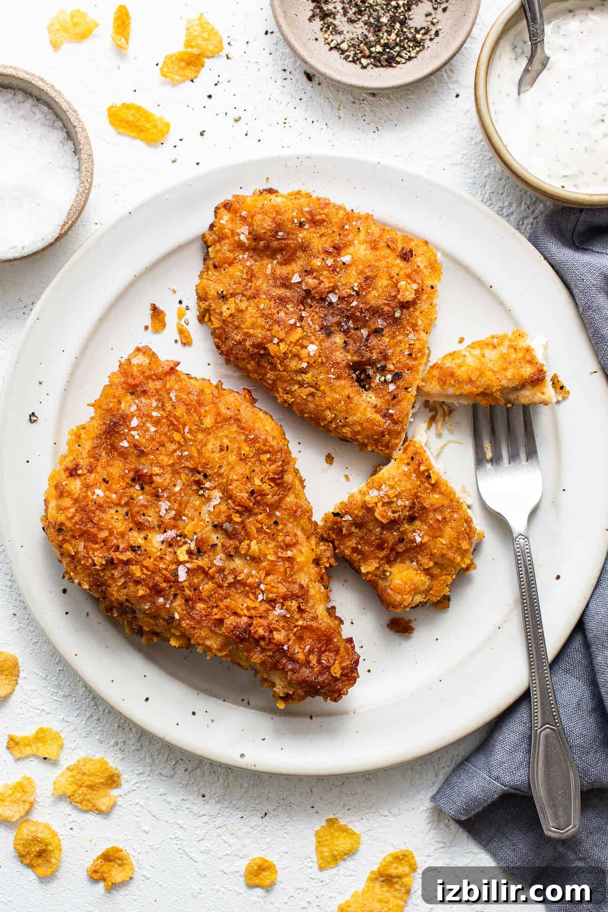 Finished crispy pan-fried chicken breast on a plate Crispy chicken on plate.