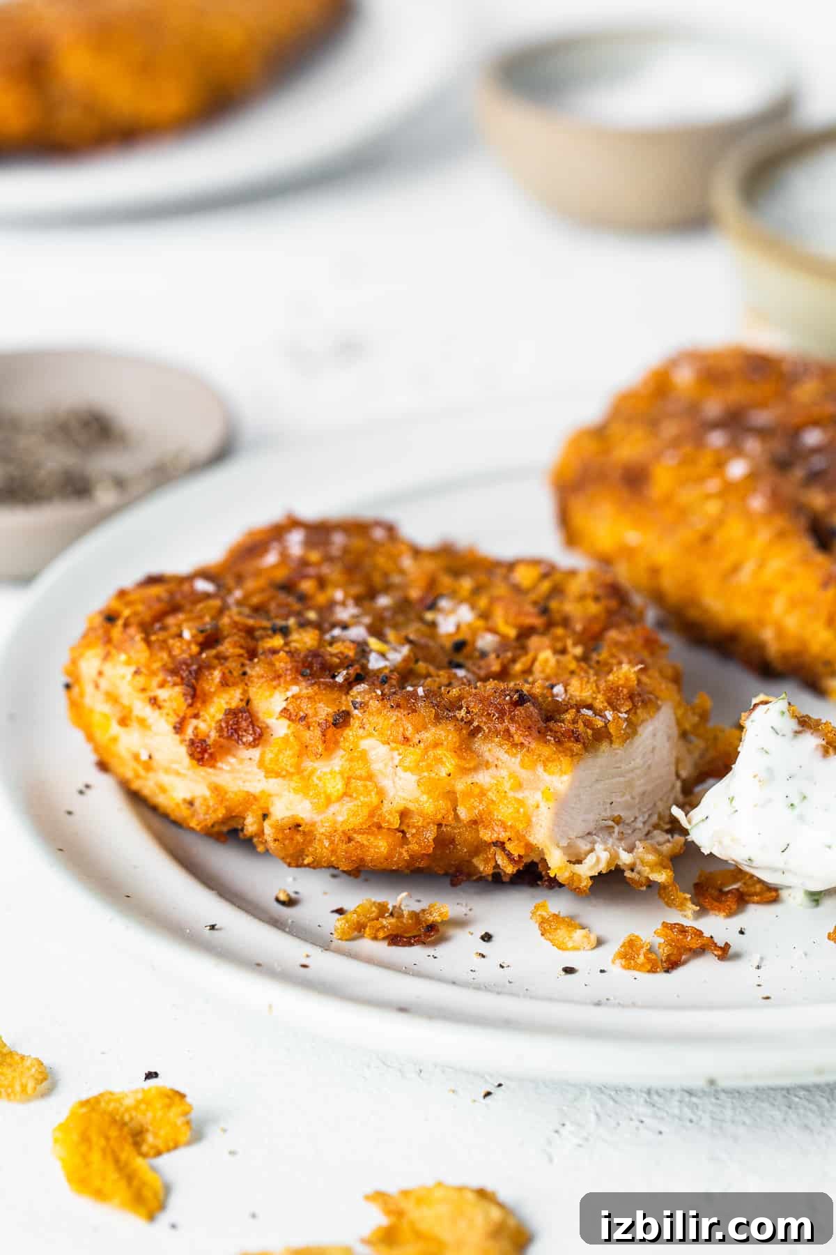 Sliced crunchy chicken breast served on a plate Sliced chicken on plate.
