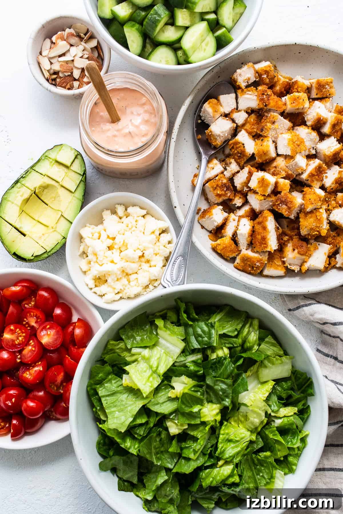Crispy Chicken Salad with Creamy Thousand Island Dressing 3 Close up of salad with crispy chicken