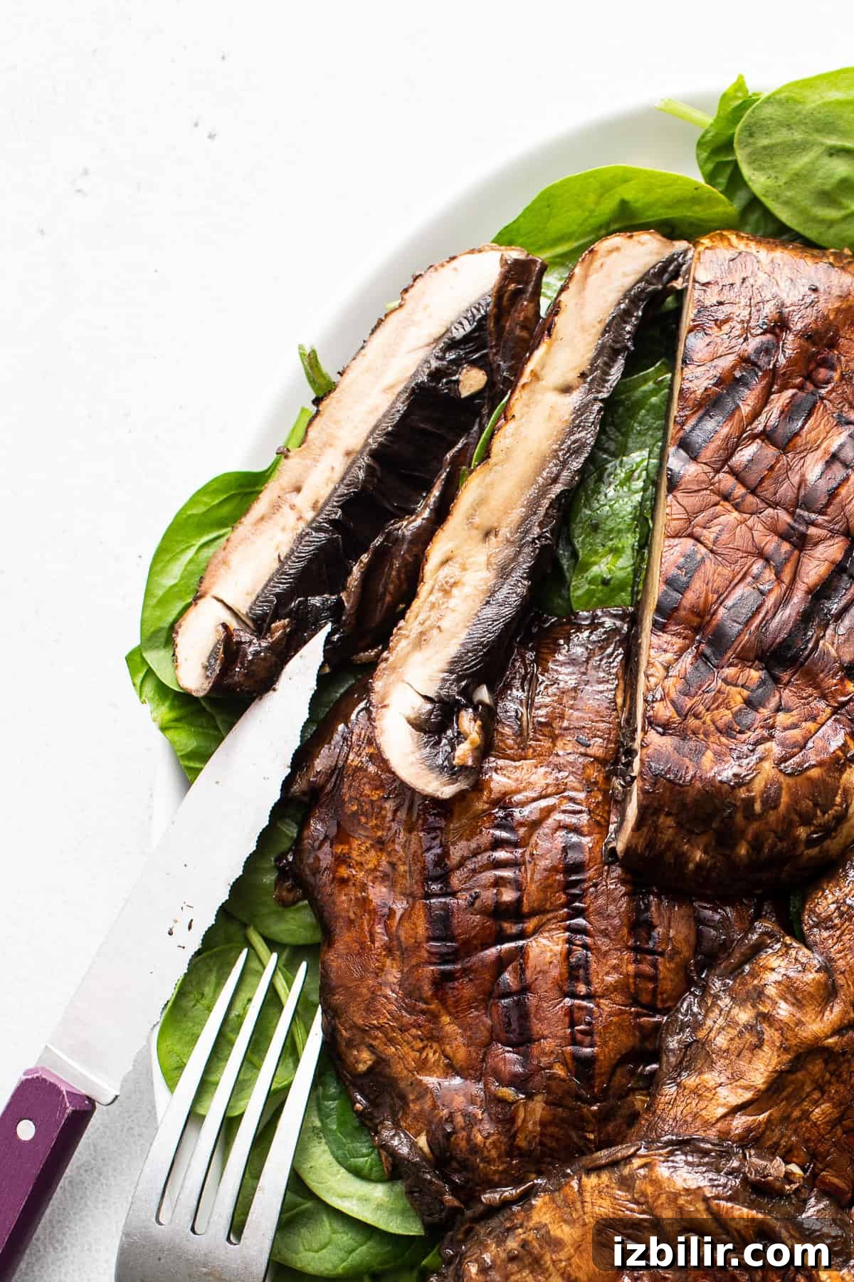 Sliced grilled portobello mushroom on a plate. Sliced grilled portobello mushroom on a plate.