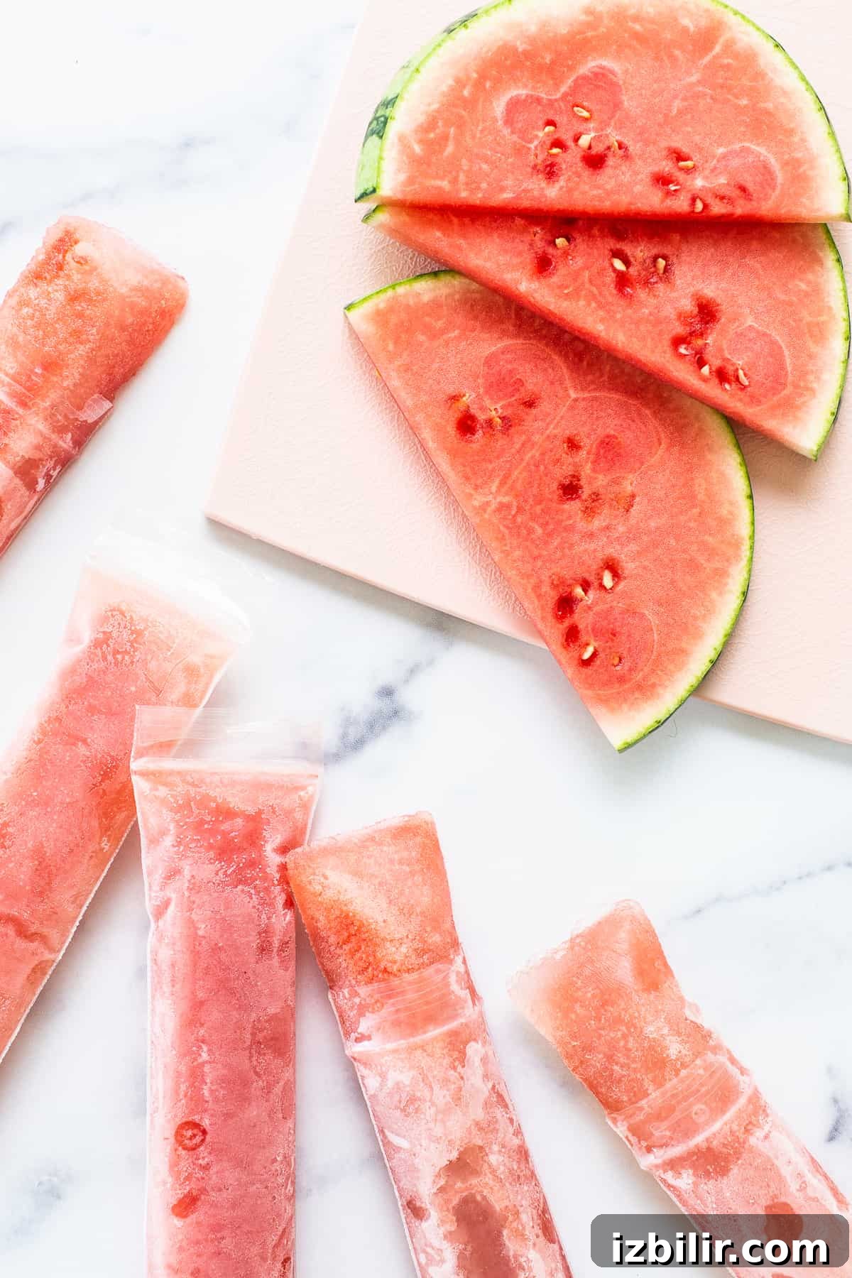 Watermelon wine freeze pops ready to serve.