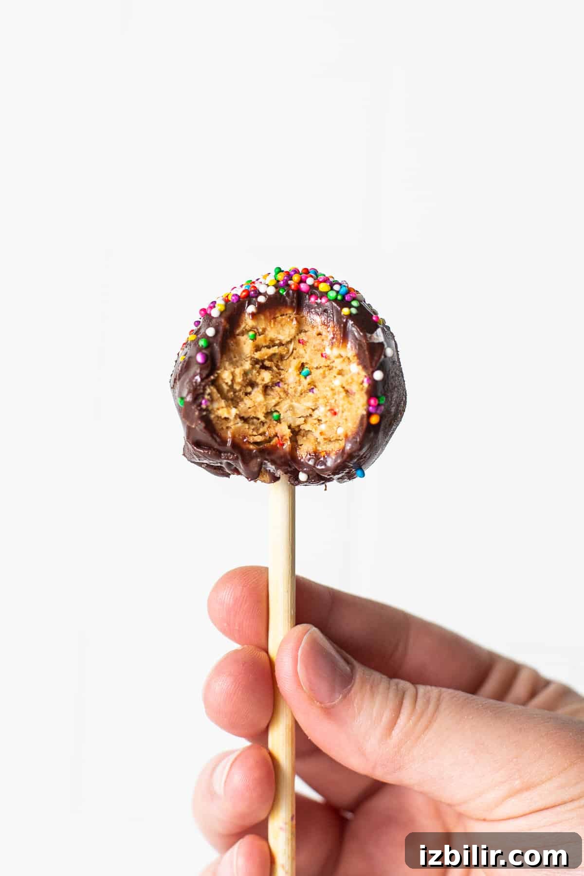 High-Protein Cake Pop Recipe 8 A protein cake pop with a bite out of it.