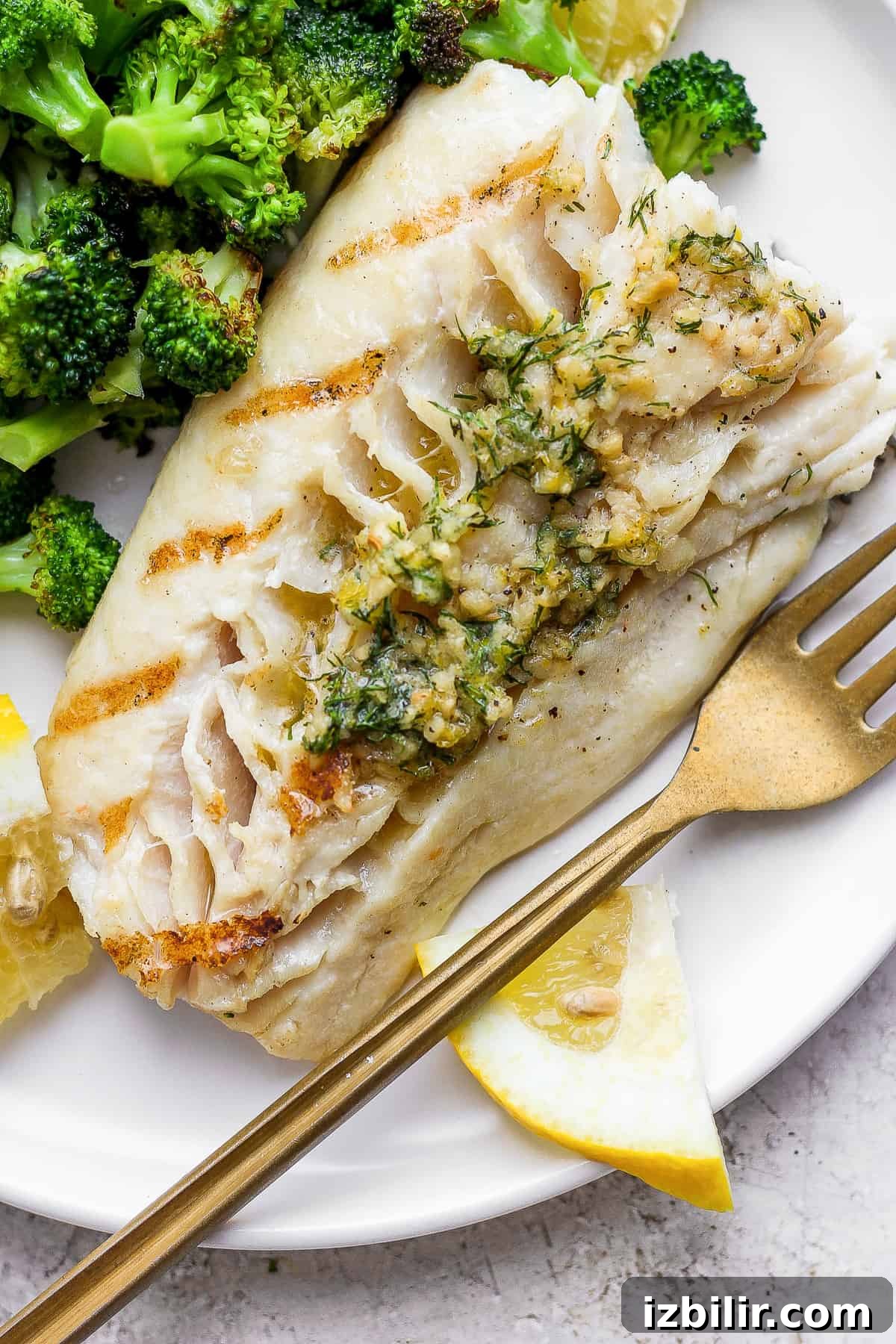 Grilled fish on a plate with broccoli.