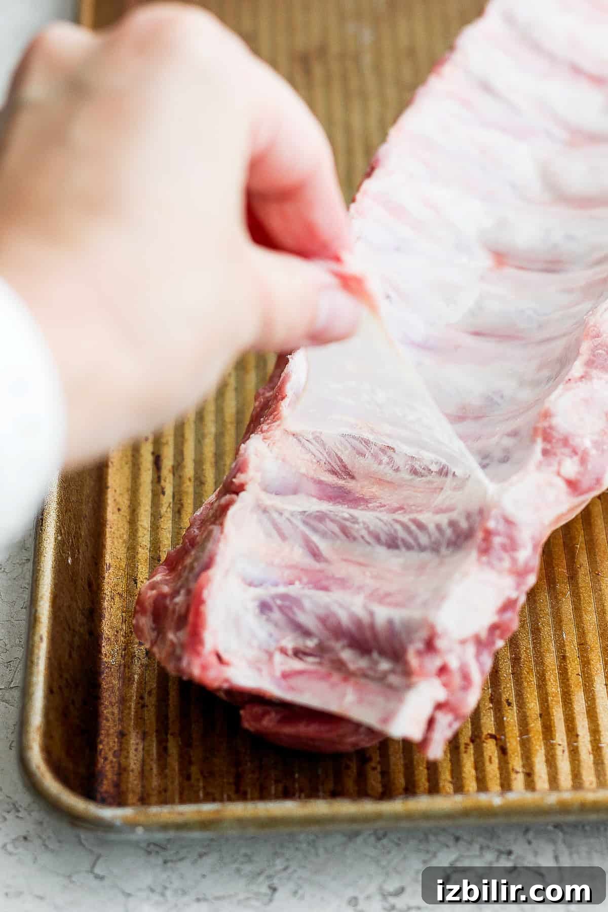 Foolproof Baby Back Ribs: Grill or Oven Recipe 3 A person holding a piece of meat on a tray.