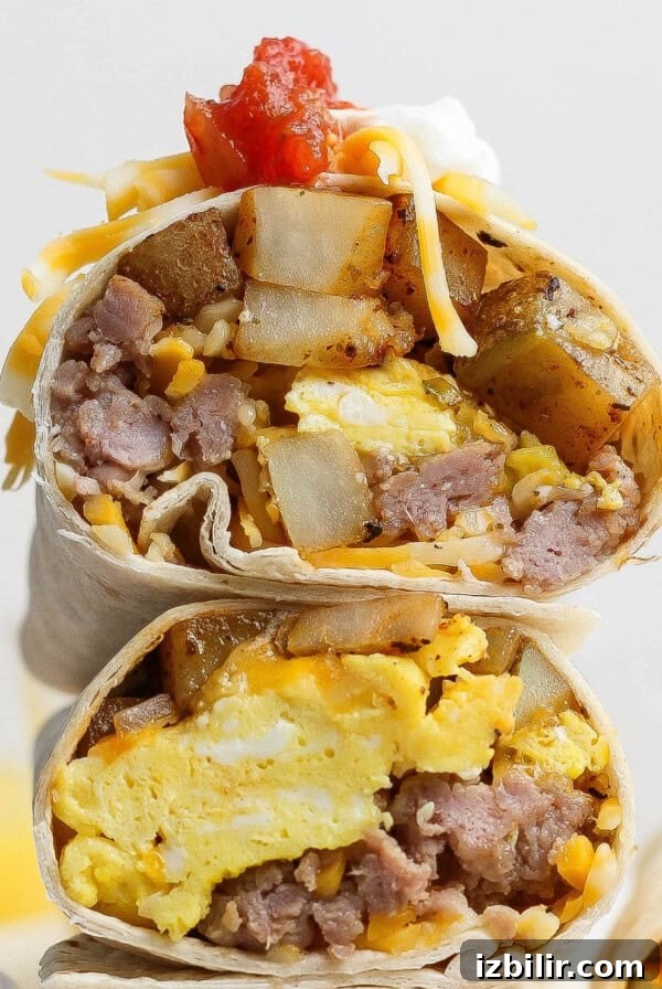 A close-up of two breakfast burrito halves filled with scrambled eggs and sausage.
