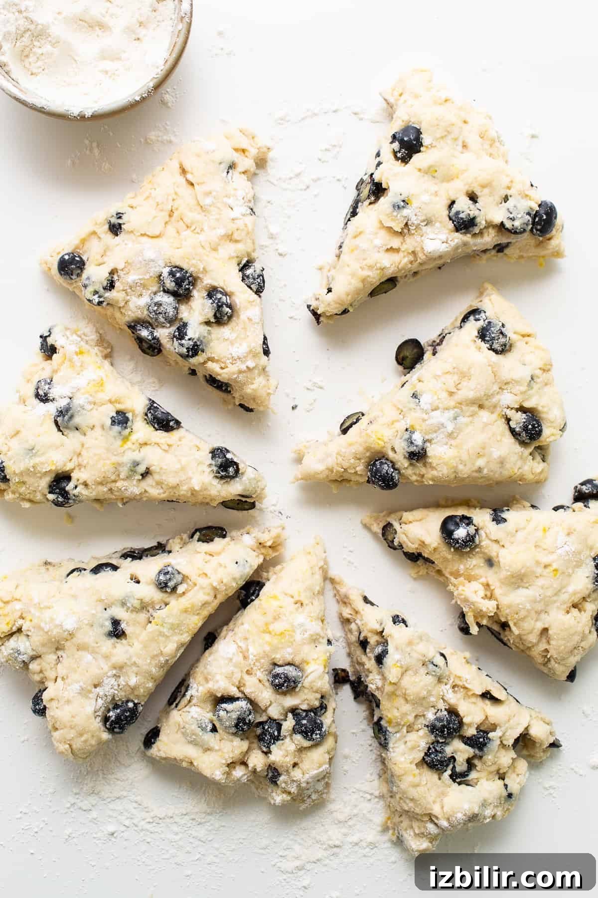 a white plate topped with blueberry scones next to a cup of milk.