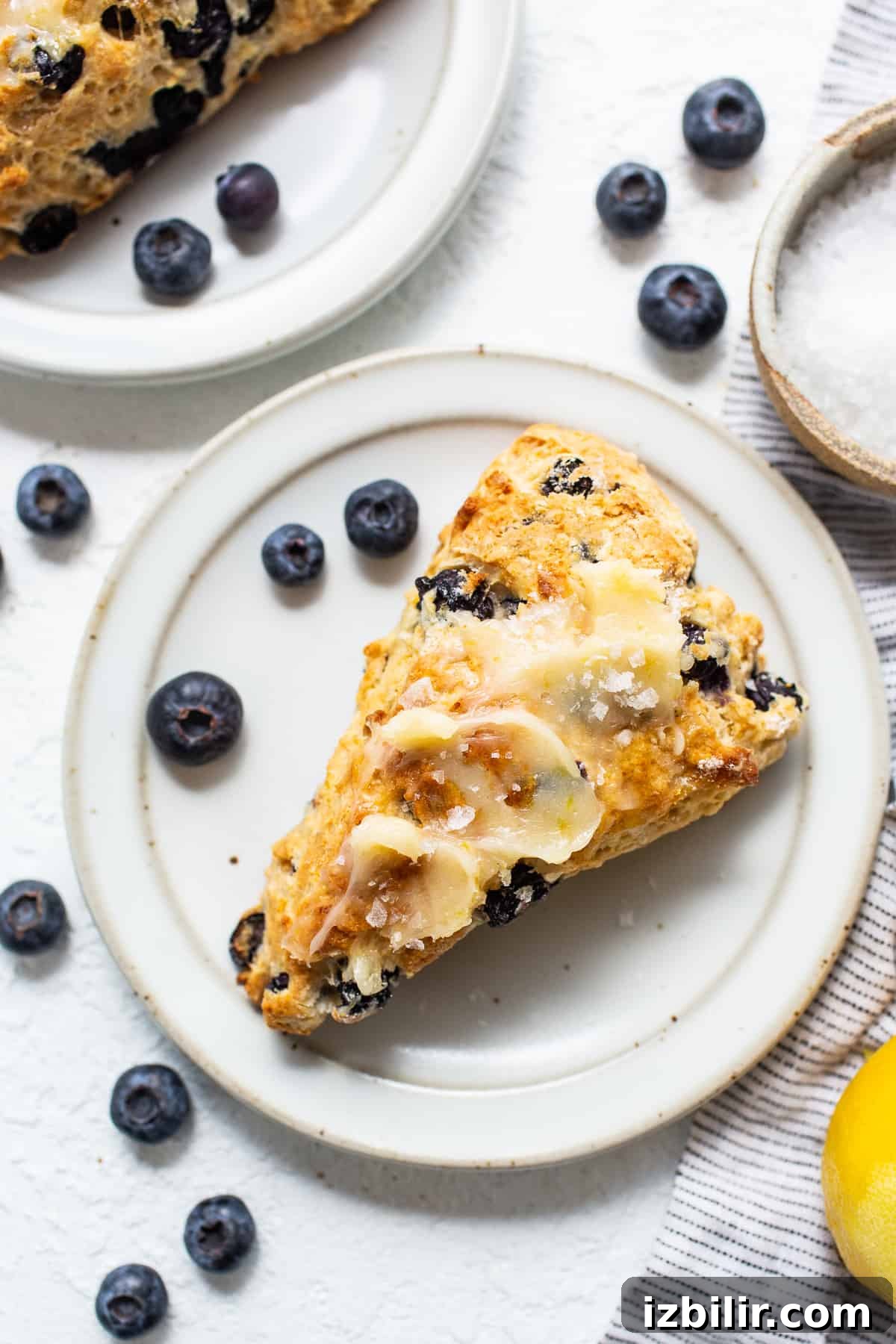 a slice of blueberry scones on a white plate.