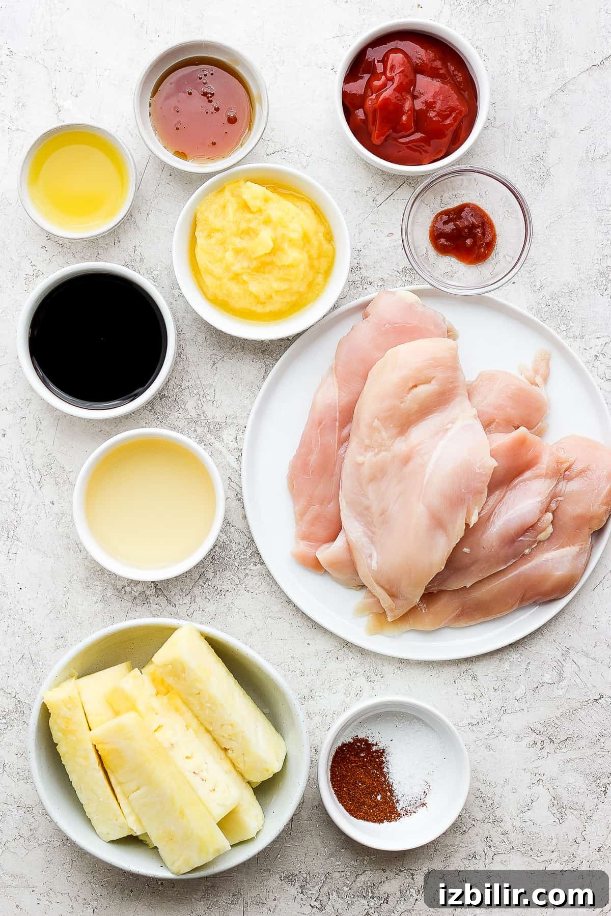 A plate of grilled chicken with pineapple slices.