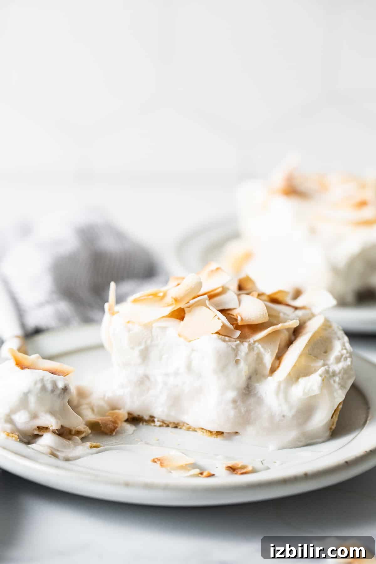 Coconut Cream Pie Bars with Toasted Coconut Topping 7 A slice of coconut cream pie on a plate.