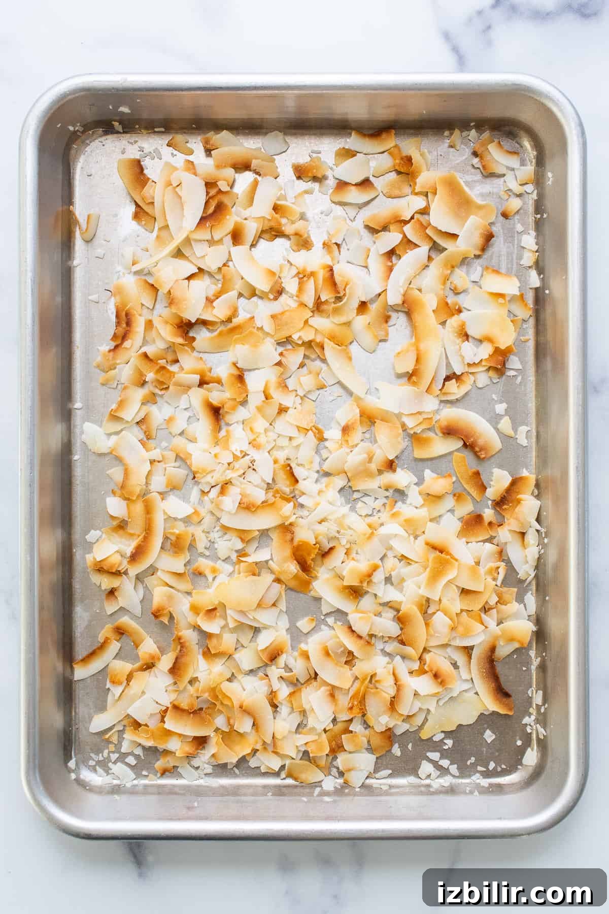 Coconut Cream Pie Bars with Toasted Coconut Topping 5 A metal pan filled with coconut dessert on a counter.