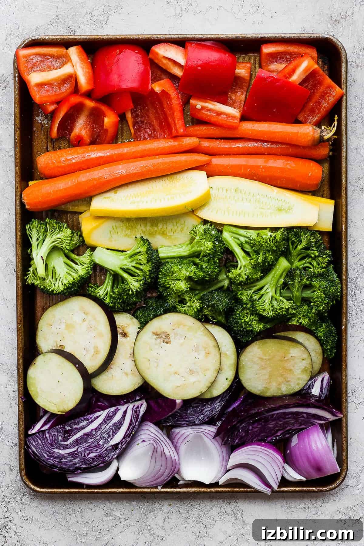 Grilled Rainbow Vegetables Recipe with Balsamic Glaze 4 A tray filled with different types of vegetables.